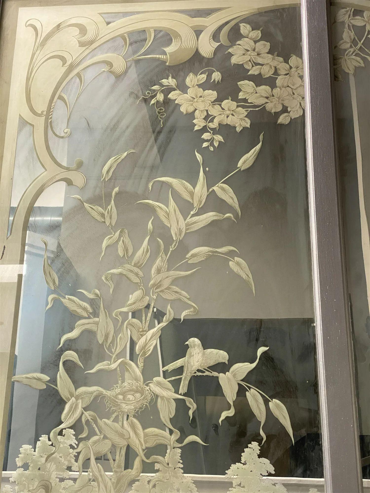Large Etched Antique Wall Mirror. Eglomise 19th century depicting a french chateau in a garden with swan birds foliage and lake
