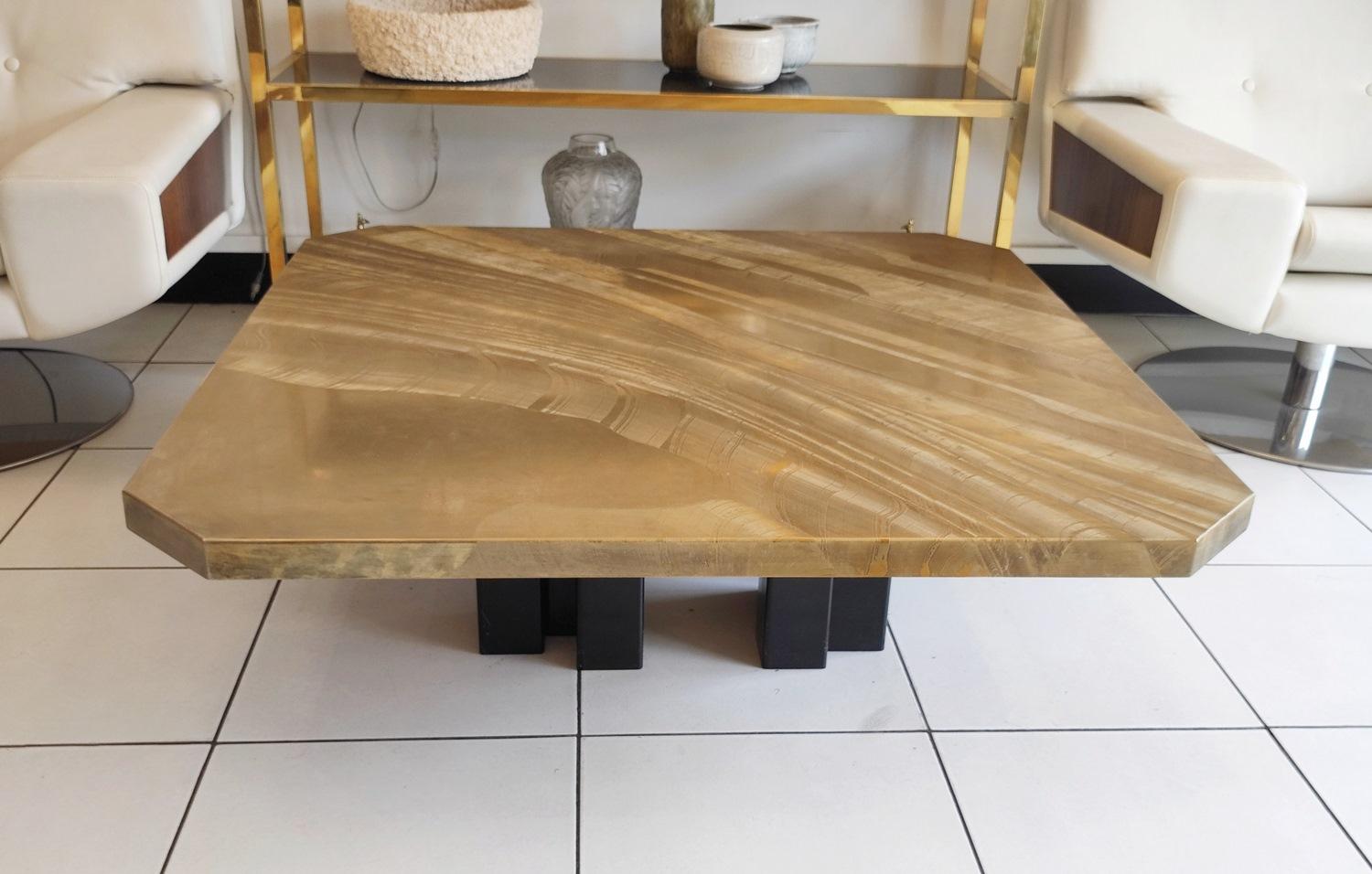 Belgian  Large Etched Brass Coffee Table by Christian Krekels, Signed , circa 1975 For Sale
