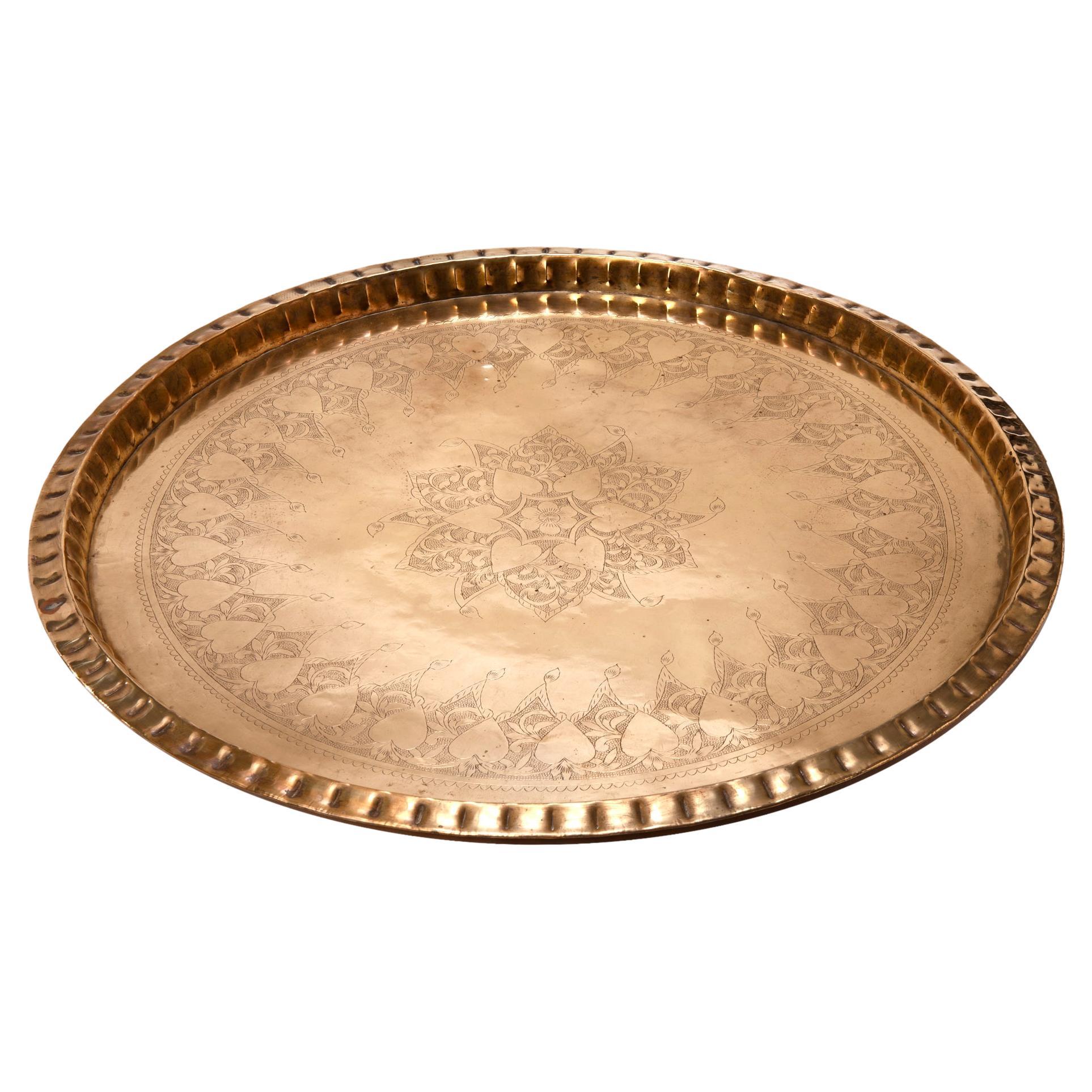 Large Etched Brass Tray / Scalloped Edges Decorative Heart Motif