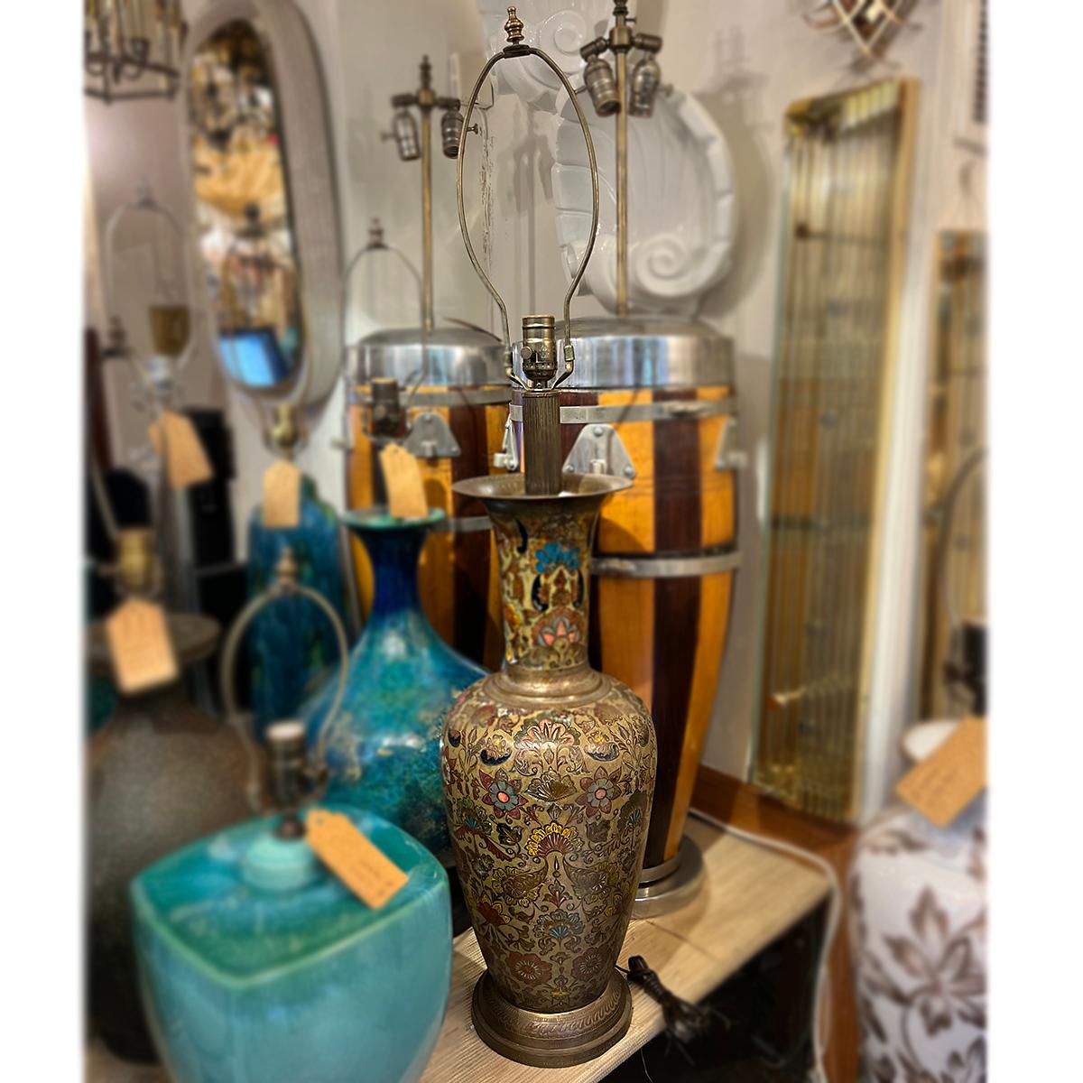 Large Etched Bronze Lamp For Sale 3
