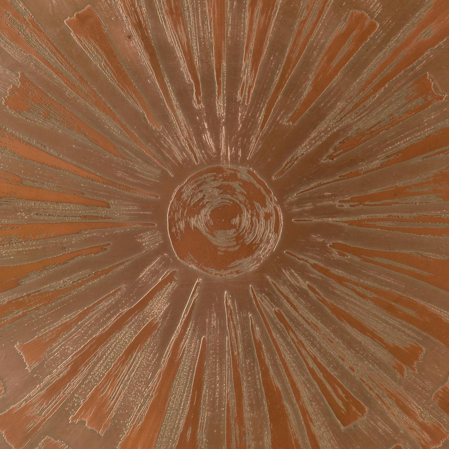 Large etched copper wall Plate by Valentien 1960's. The abstract pattern is applied by hand and radiated from the centre like a flower.