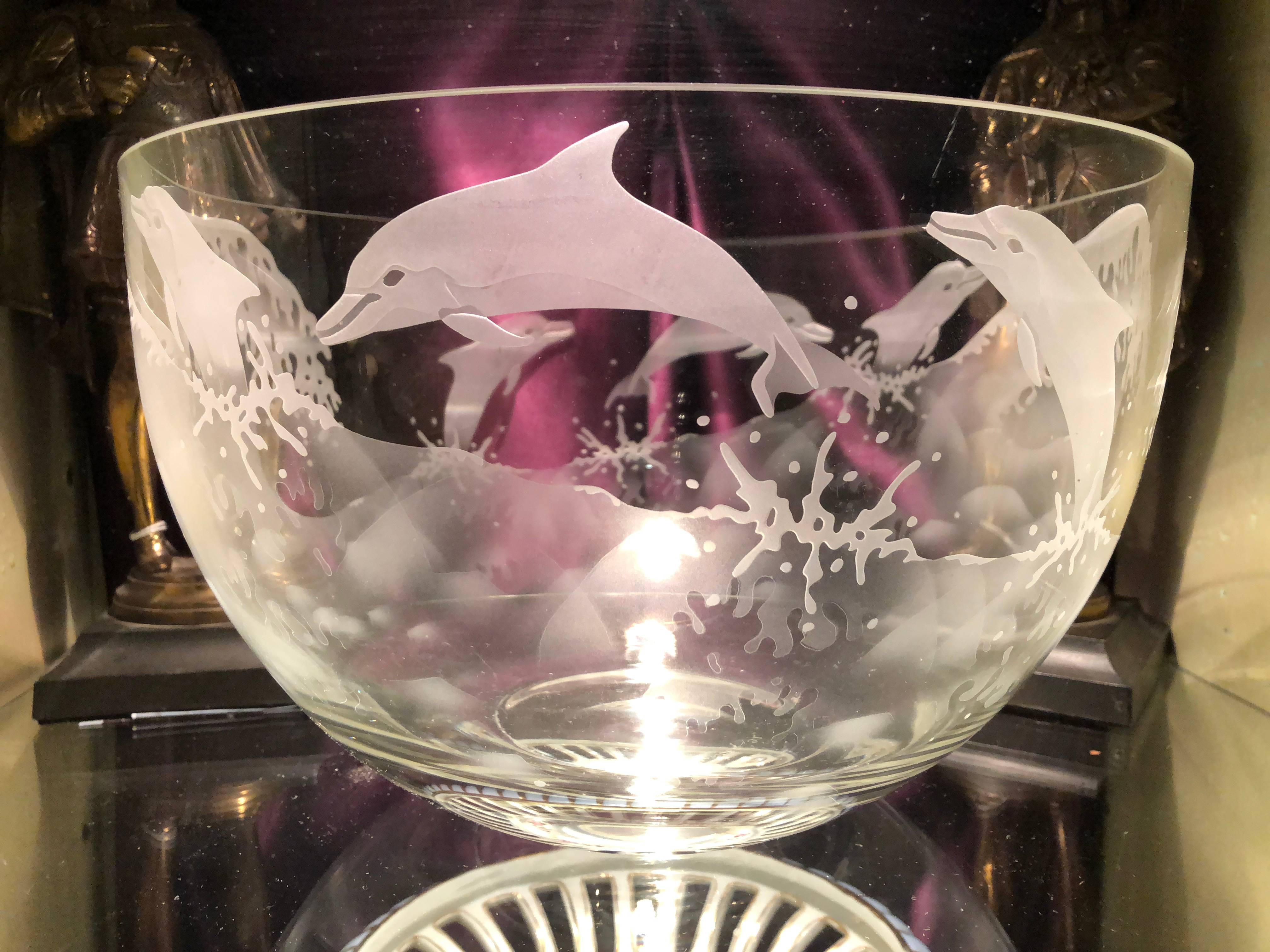 Large Etched Glass Dauphin Bowl, Artist Signed Clear Etched Glass Dauphin Bow For Sale 3