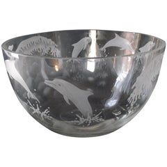 Large Etched Glass Dauphin Bowl, Artist Signed Clear Etched Glass Dauphin Bow