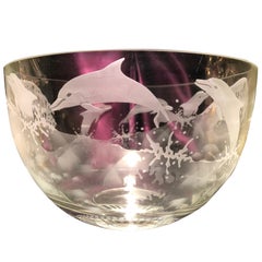 Large Etched Glass Dauphin Bowl, Artist Signed Clear Etched Glass Dauphin Bow