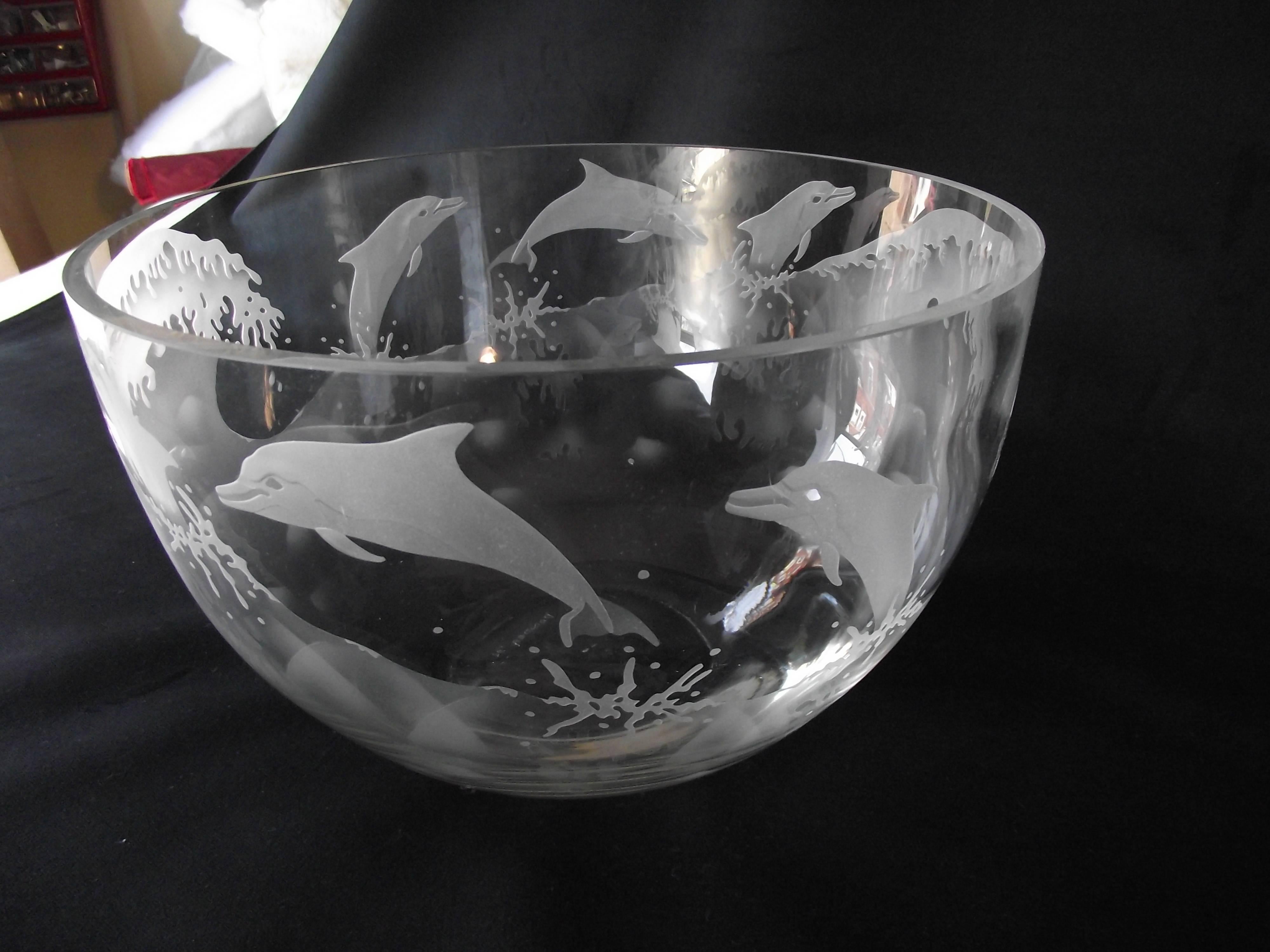 Organic Modern Large Etched Glass Dauphin Bowl, Artist Signed Clear Etched Glass Dauphin Bow For Sale