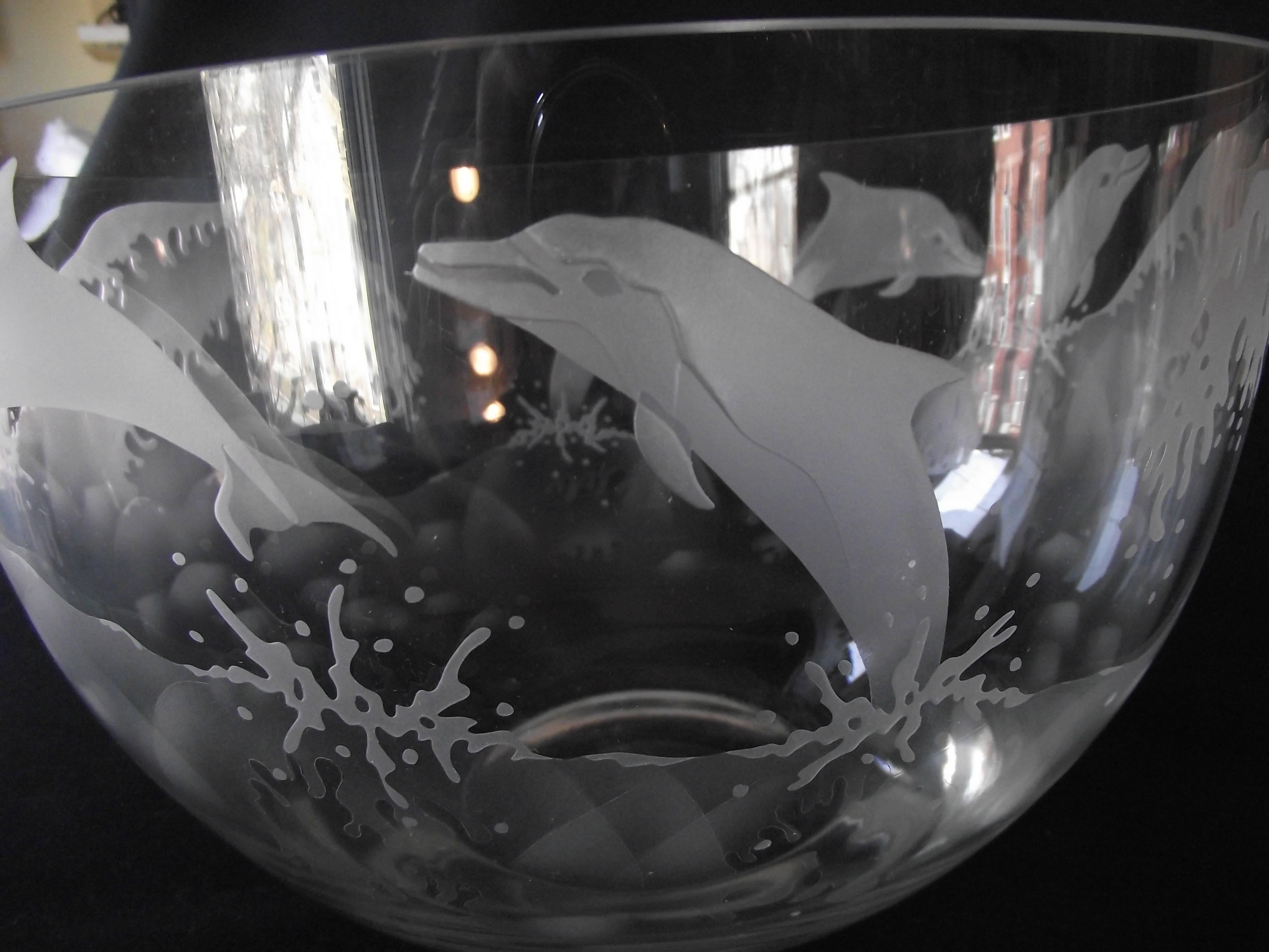 Late 20th Century Large Etched Glass Dauphin Bowl, Artist Signed Clear Etched Glass Dauphin Bow For Sale