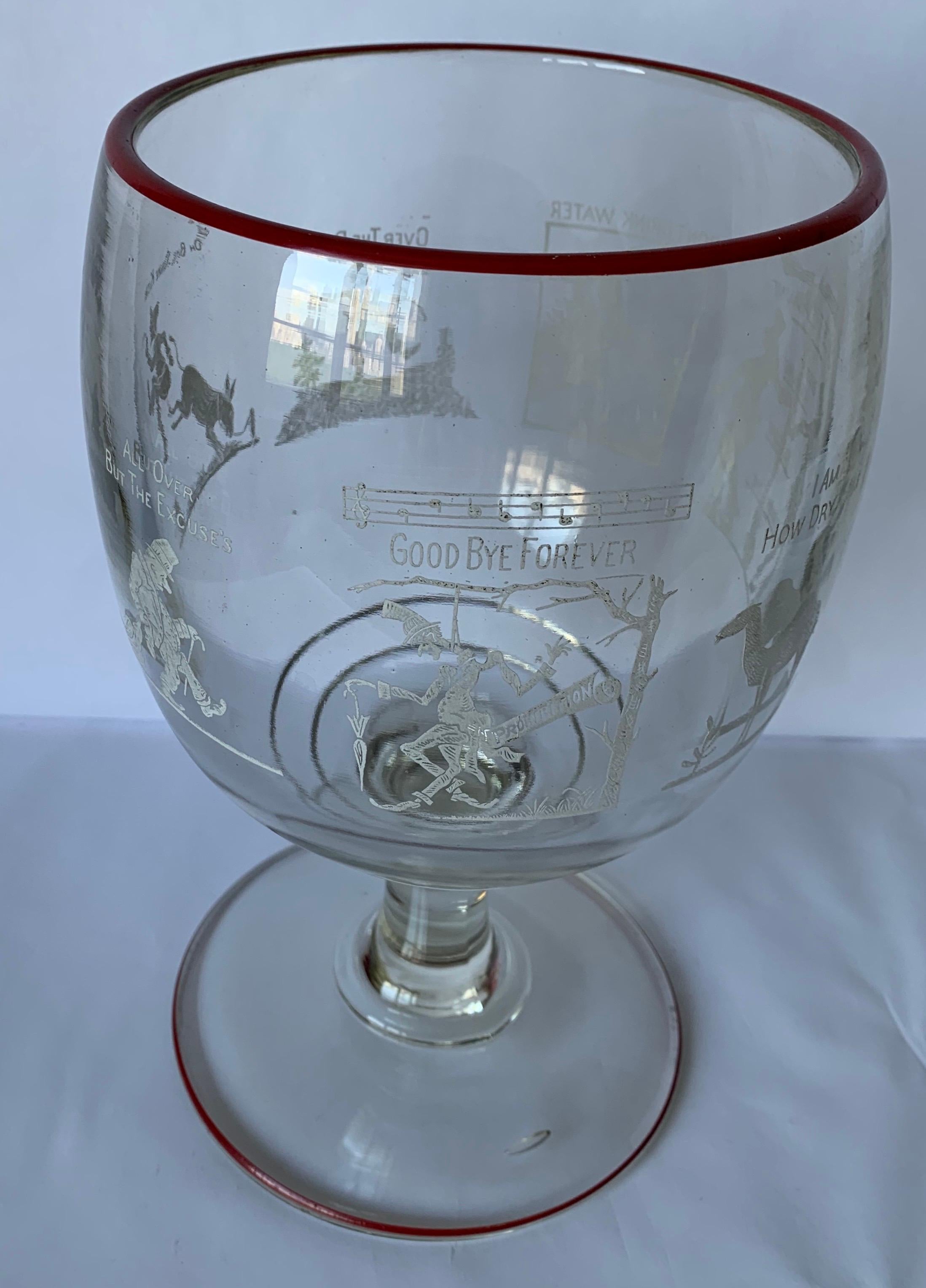 Large glass footed bowl with red glass rim. Various whimsical drinking idioms and a recipe for ‘Sweet Adeline’ surround the bowl.