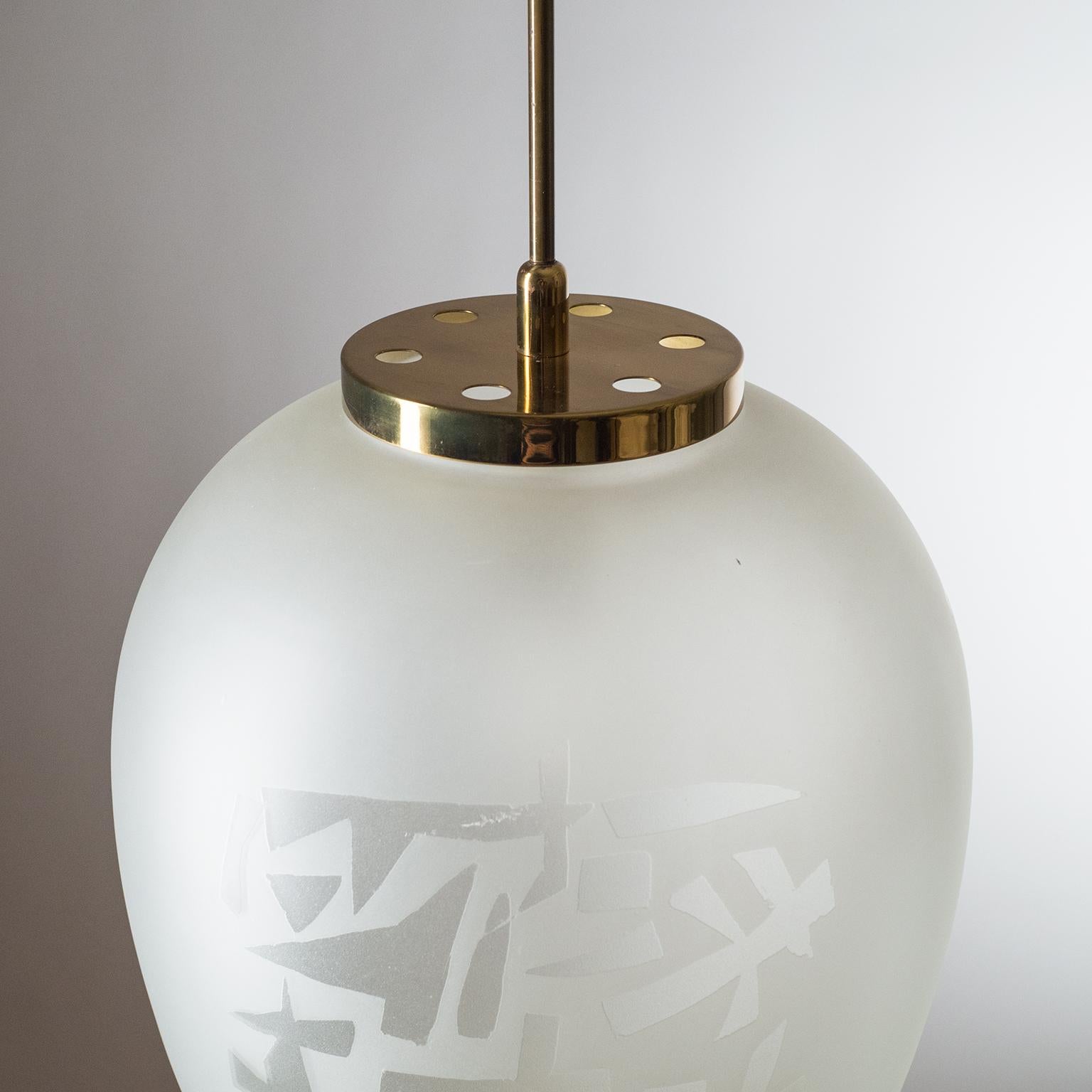 Brass Large Etched Glass Pendant by Angelo Lelii, Arredoluce, 1958 For Sale
