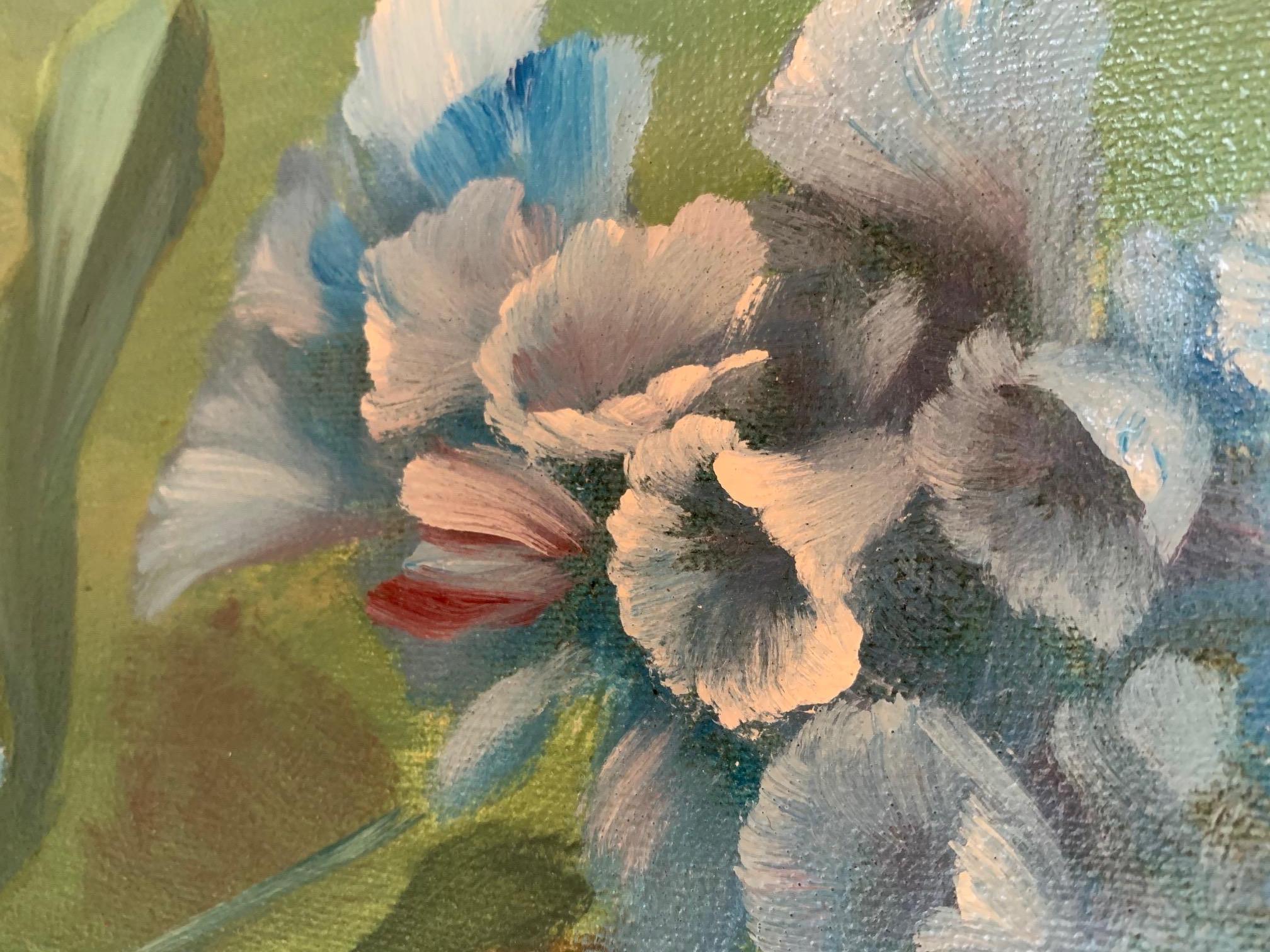 Lovely large square oil on canvas painting of foxglove flowers with a blurry ethereal background and lovely color palette of acid greens, blues and white. Signed lower right, H Simpson. Frame is a simple silver metal molding with some minor wear.
