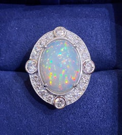 Large Ethiopian Opal Vintage Diamond Ring in 18k White Gold