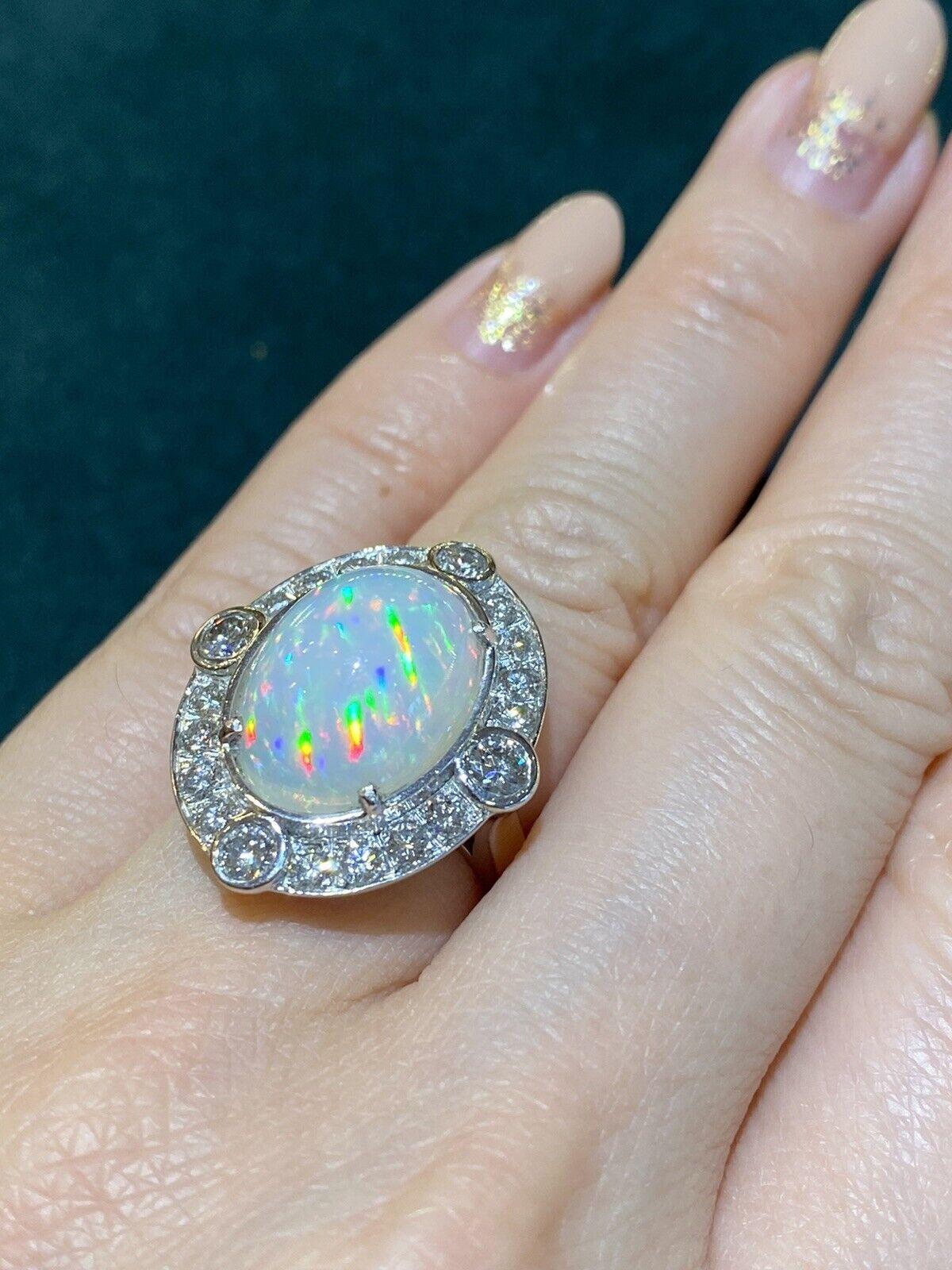 Large Ethiopian Opal Vintage Diamond Ring in 18k White Gold In Excellent Condition For Sale In La Jolla, CA
