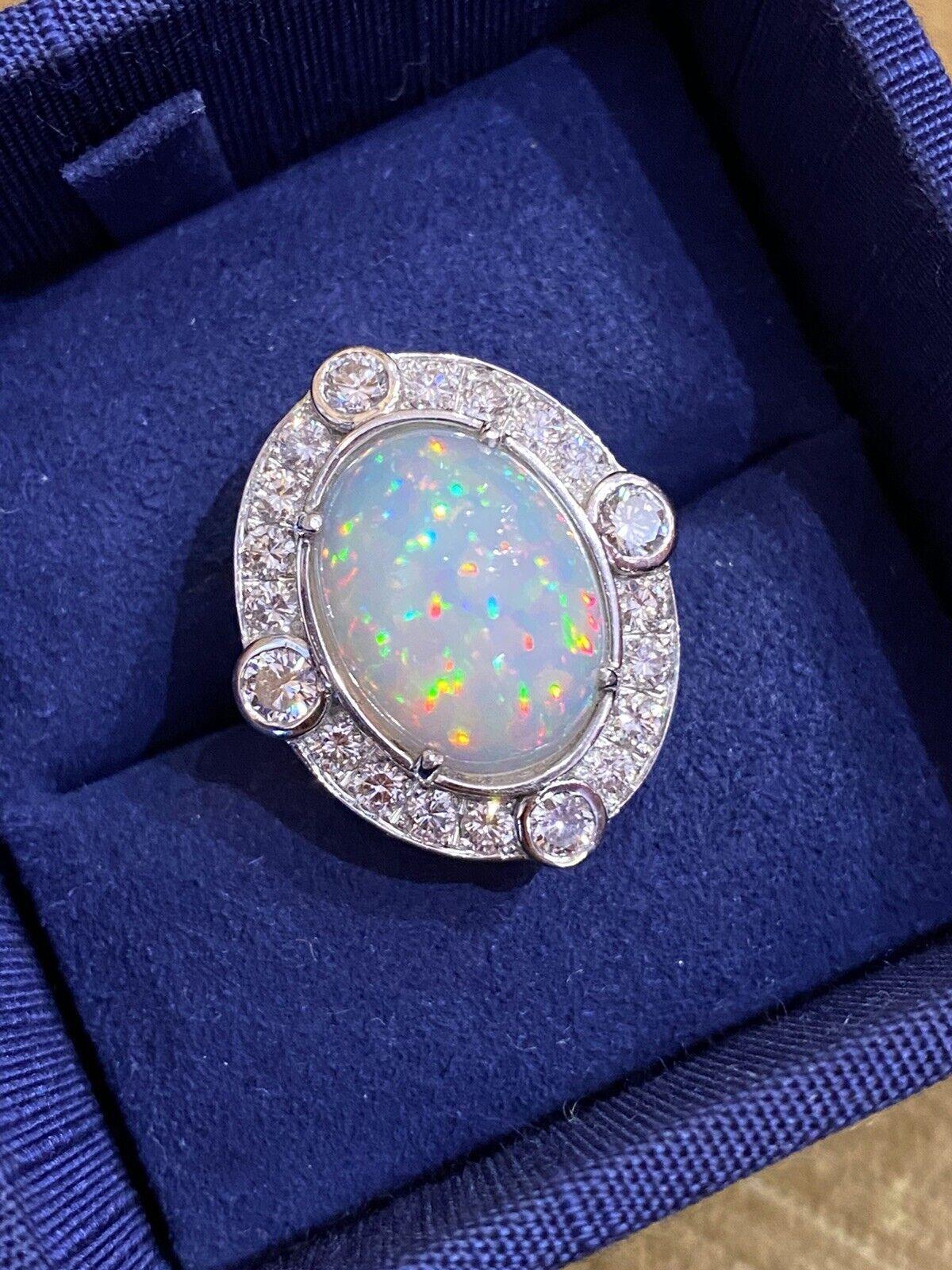 Women's Large Ethiopian Opal Vintage Diamond Ring in 18k White Gold For Sale