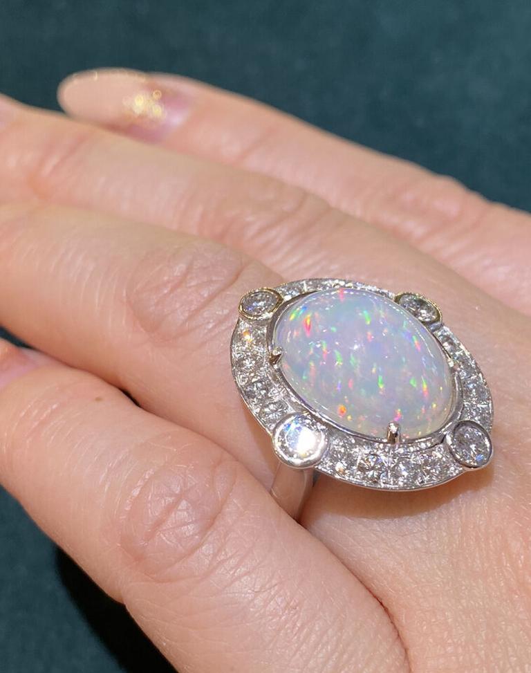 Large Ethiopian Opal Vintage Diamond Ring in 18k White Gold For Sale 2