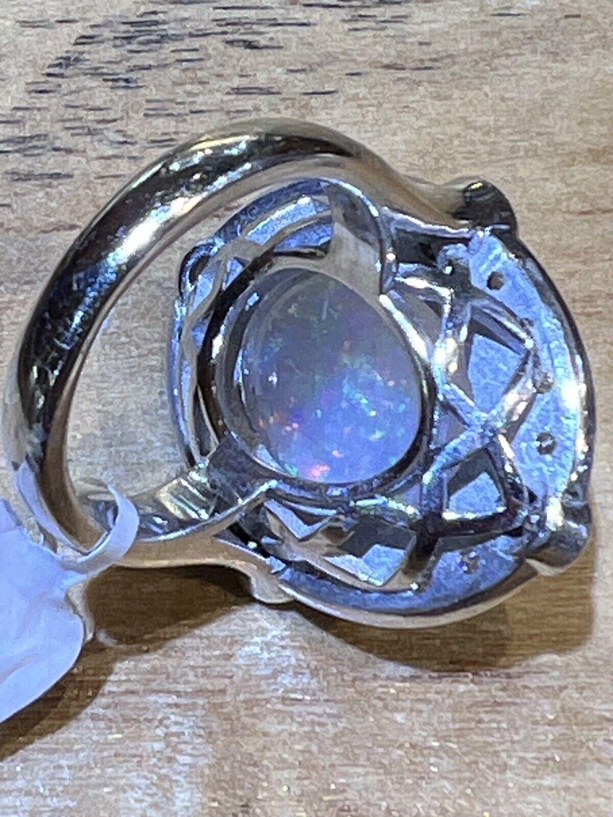 Large Ethiopian Opal Vintage Diamond Ring in 18k White Gold For Sale 4