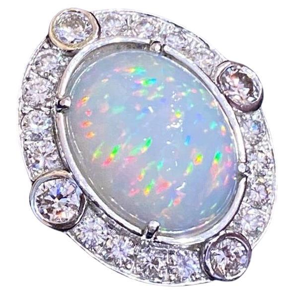 Large Ethiopian Opal Vintage Diamond Ring in 18k White Gold For Sale