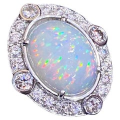 Large Ethiopian Opal Vintage Diamond Ring in 18k White Gold
