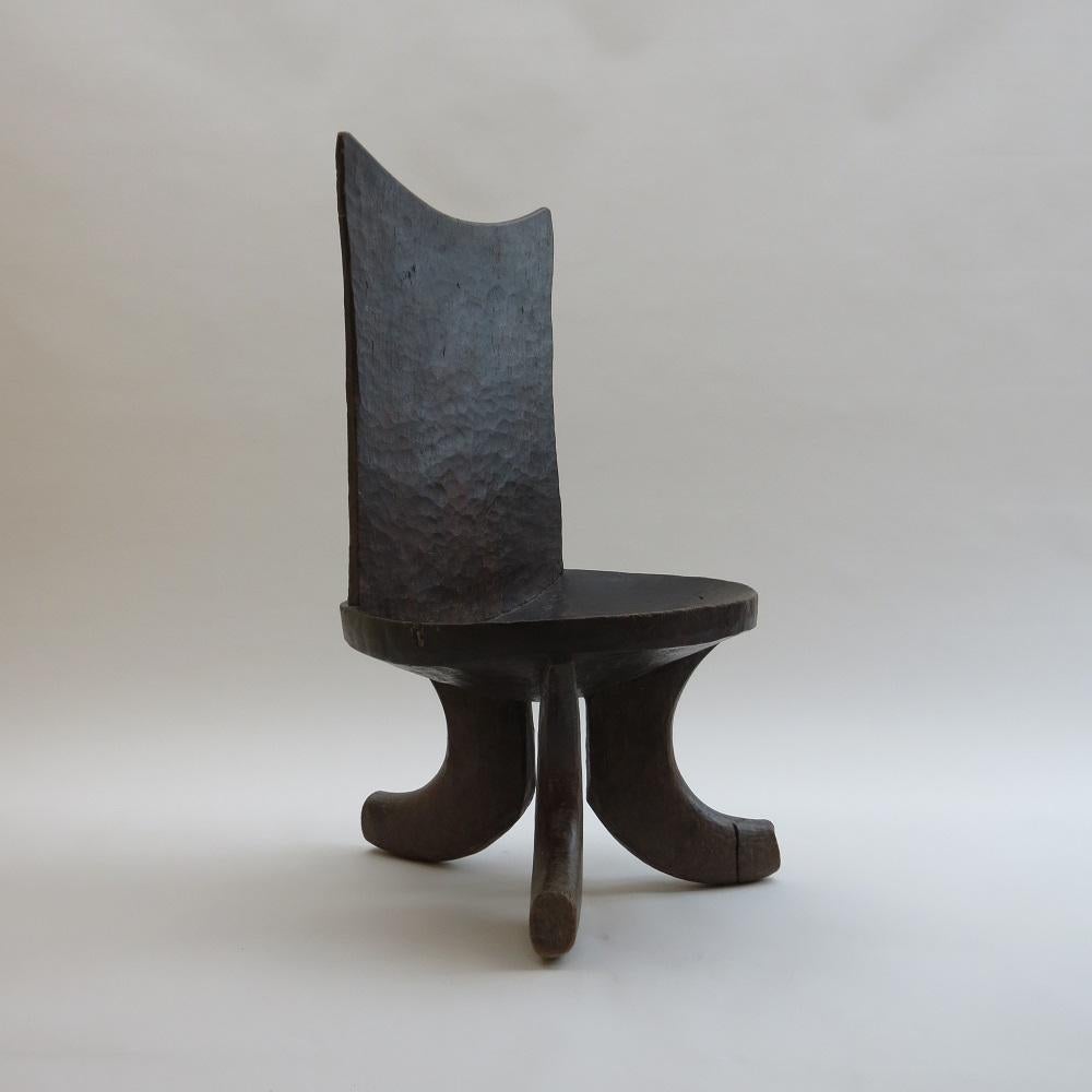 Hand-Carved Large Ethiopian Tribal Three-Legged Back Stool Chair