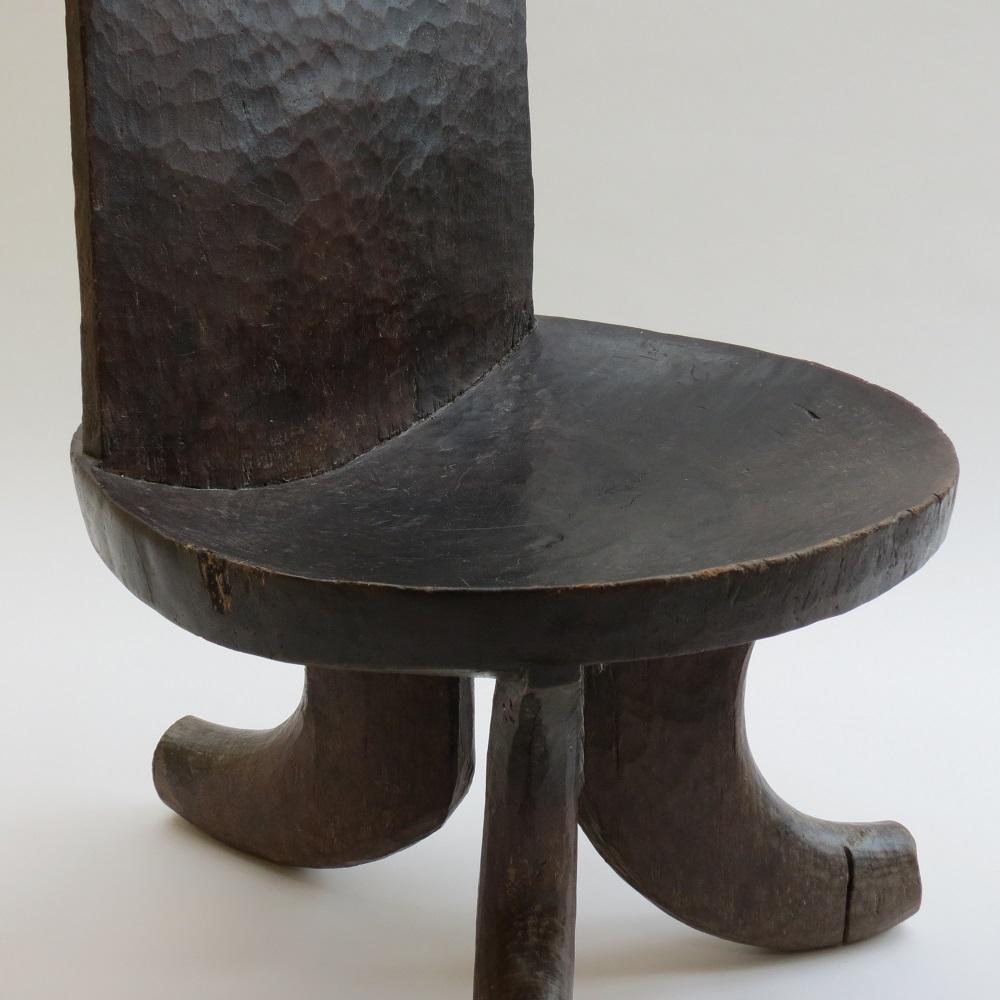 Wood Large Ethiopian Tribal Three-Legged Back Stool Chair