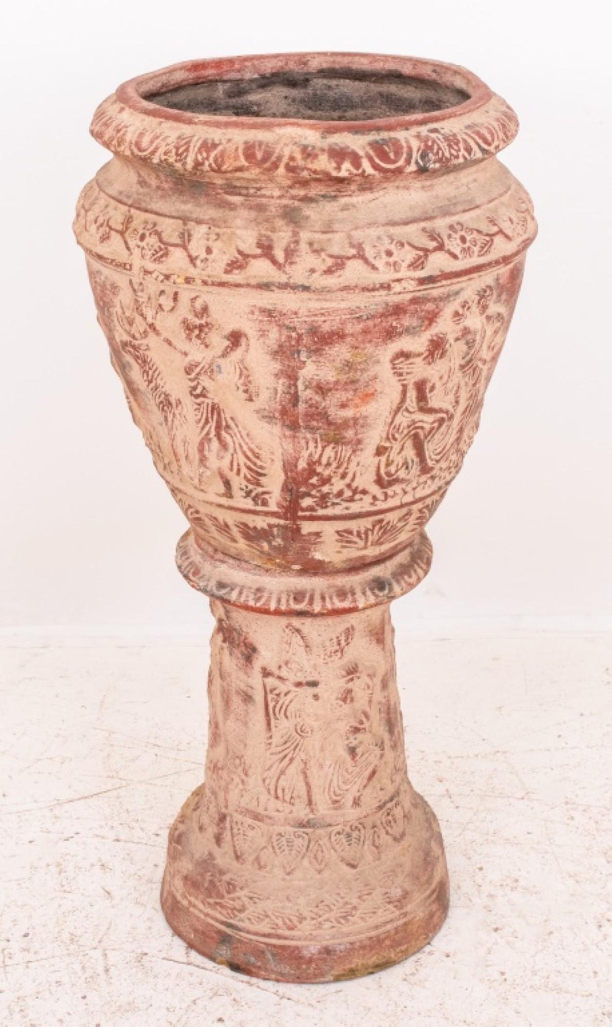 Italian Large Etruscan manner pottery jar or cache  pot raised on pedestal stand, both w For Sale