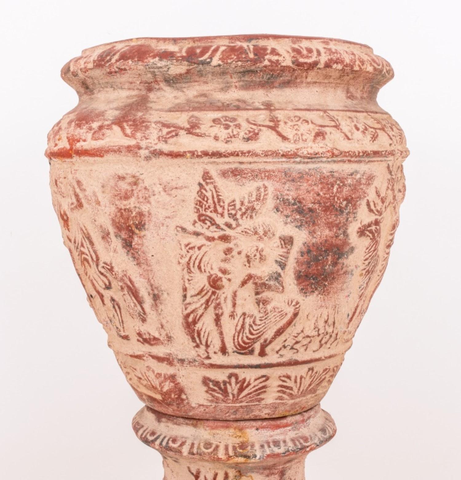 Porphyry Large Etruscan manner pottery jar or cache  pot raised on pedestal stand, both w For Sale