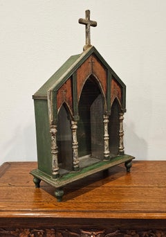 Large European Antique Carved Painted Silver Gilt Religious Altar Niche