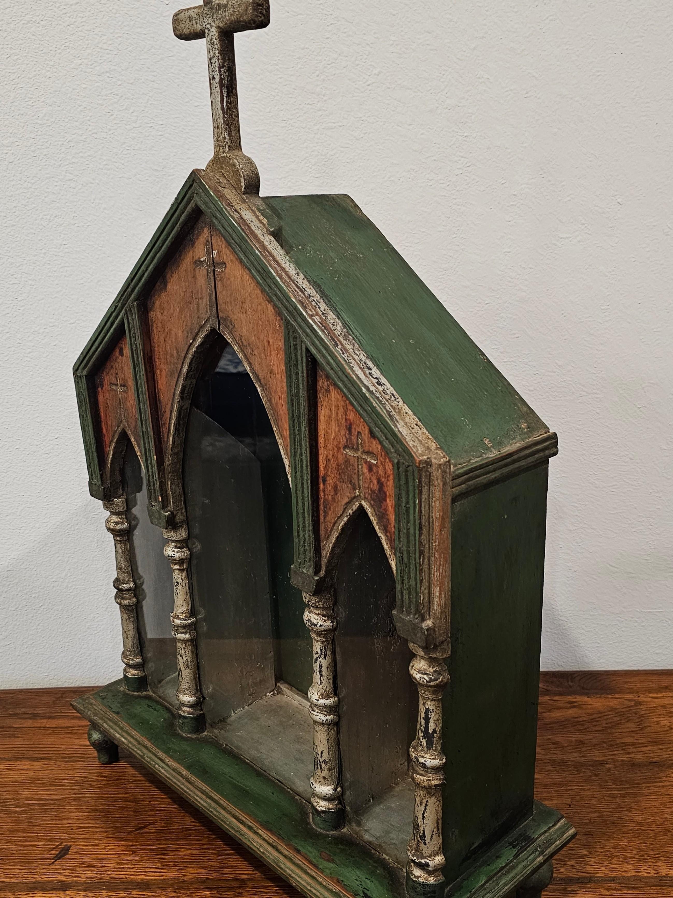 Glazed Large European Antique Carved Painted Silver Gilt Religious Altar Niche