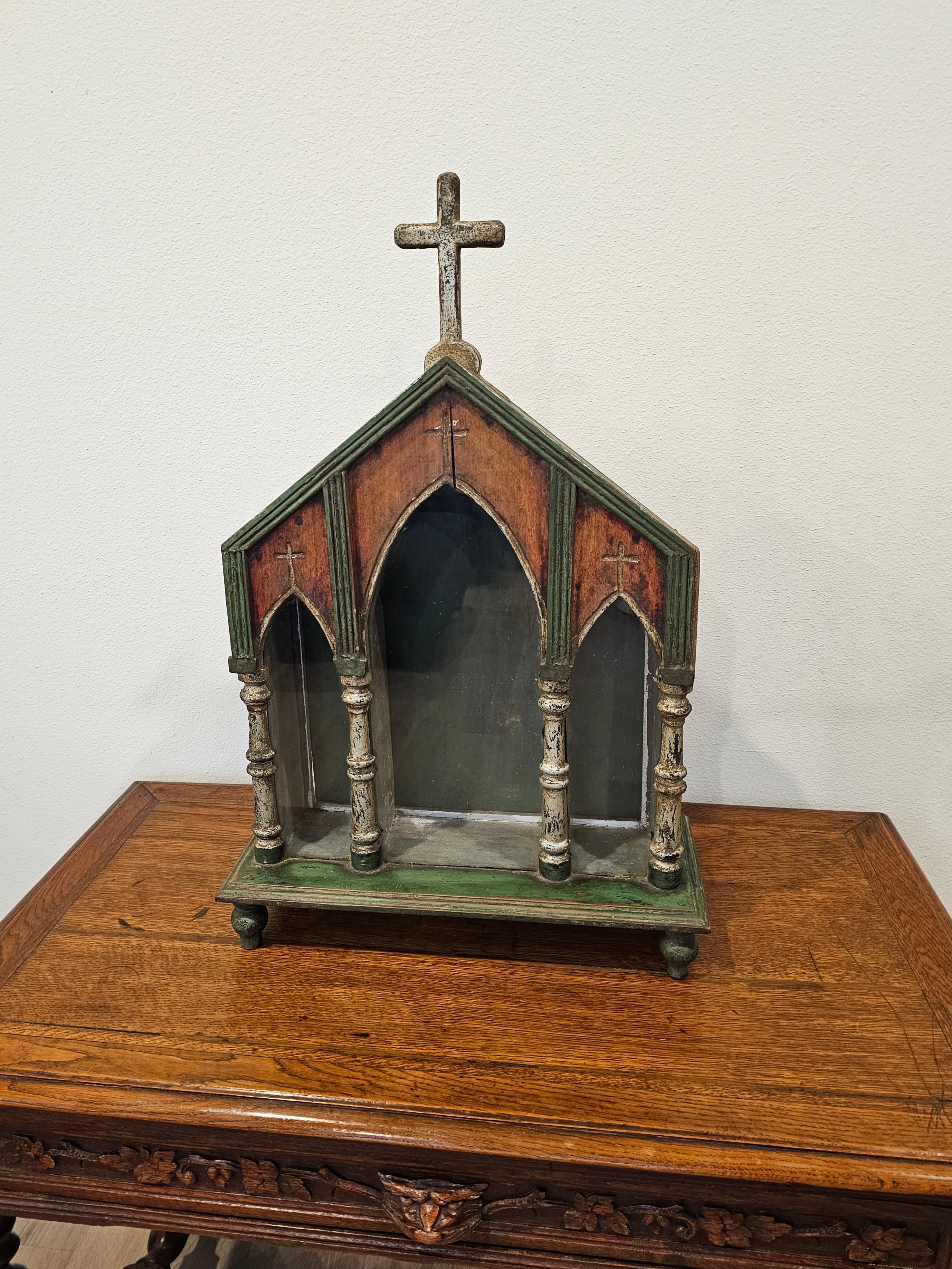 Large European Antique Carved Painted Silver Gilt Religious Altar Niche In Good Condition In Forney, TX