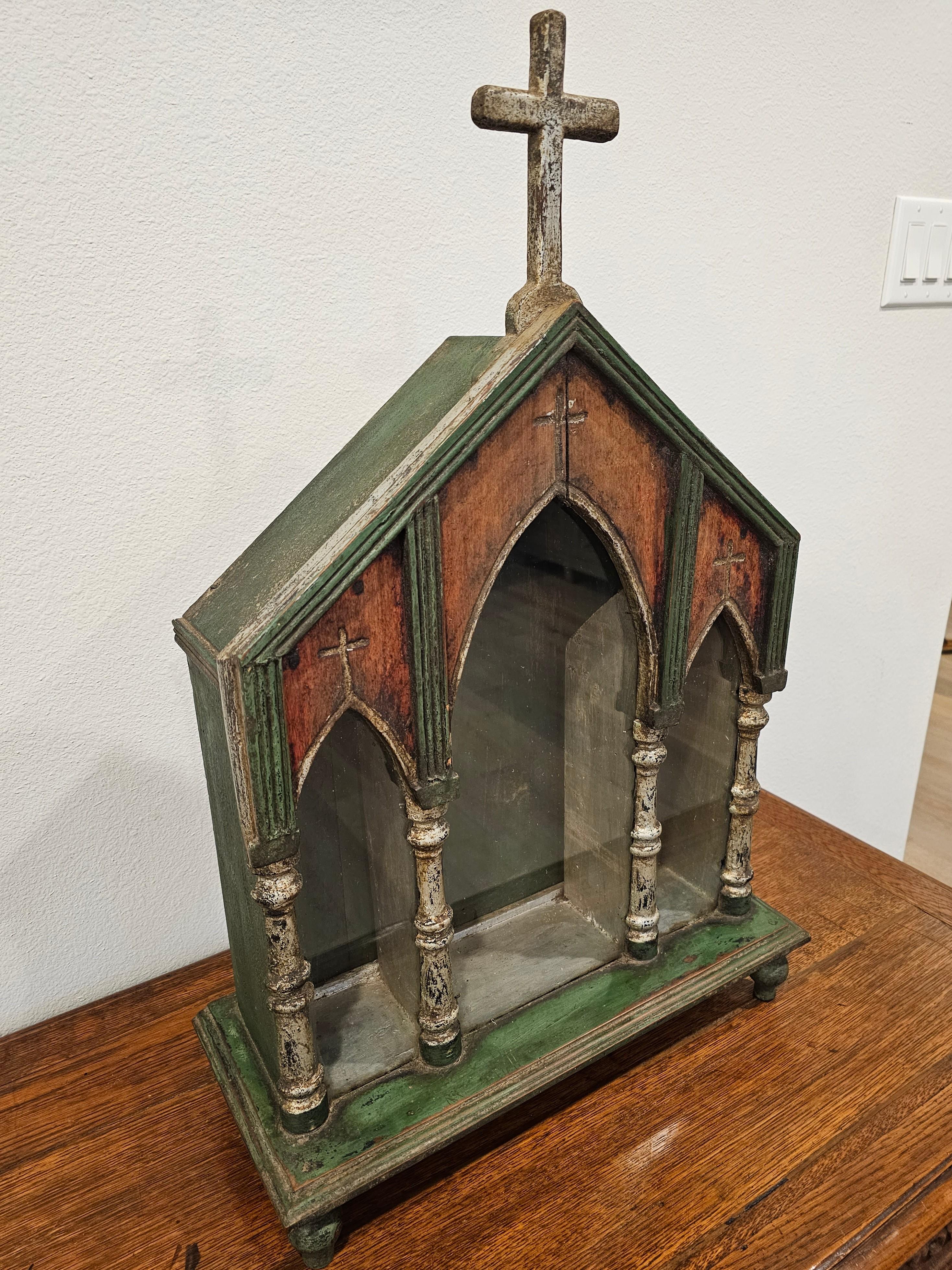19th Century Large European Antique Carved Painted Silver Gilt Religious Altar Niche
