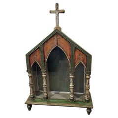 Large European Antique Carved Painted Silver Gilt Religious Altar Niche