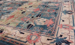 Large European Arts and Crafts Voysey Rug in Teal, Coral, and Ivory 16'4 x 22'0