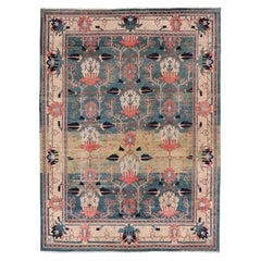 Large European Arts and Crafts Voysey Rug in Teal, Coral, and Ivory 16'4 x 22'0