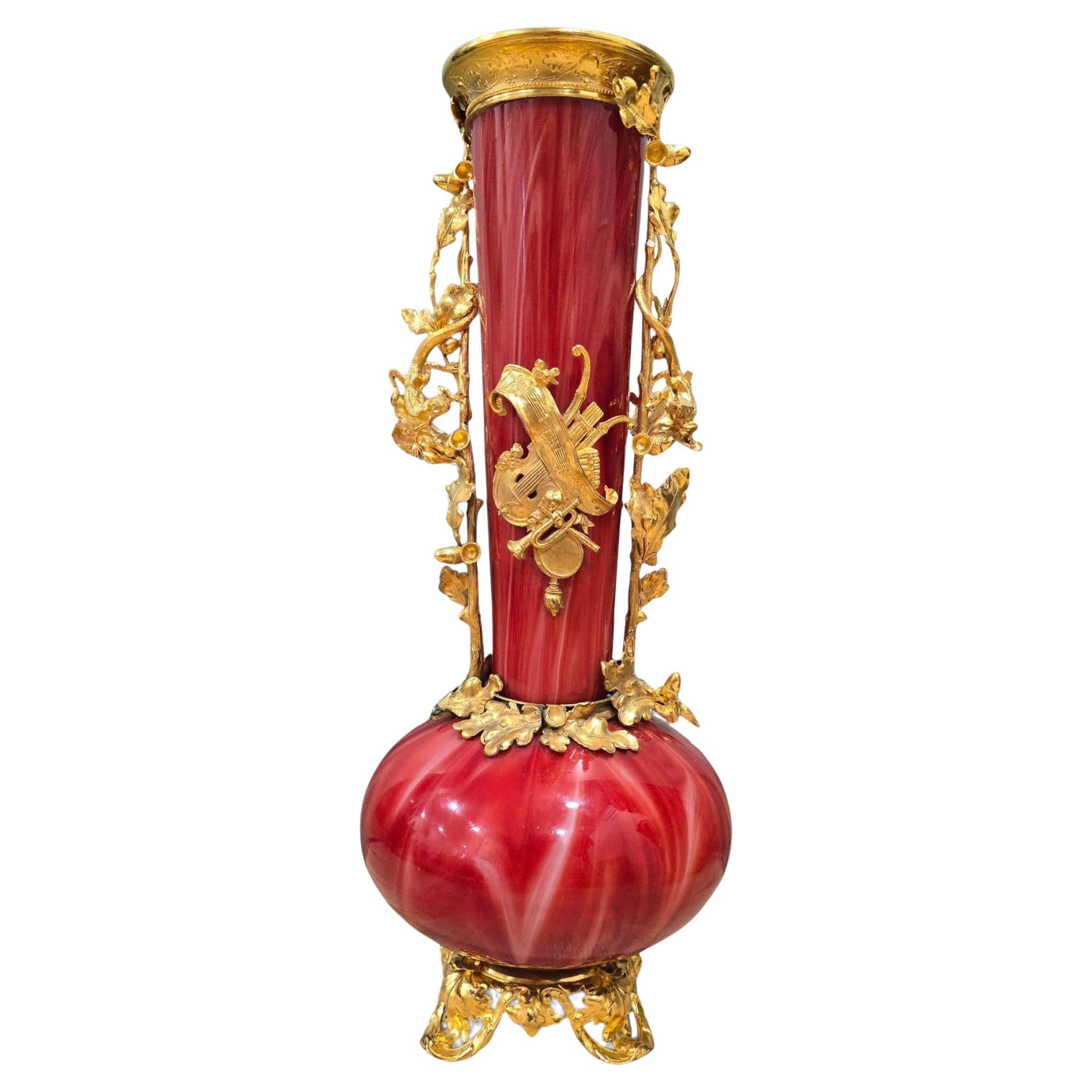 Large European Gilded Blown Red Glass Vase, Early 20th Century