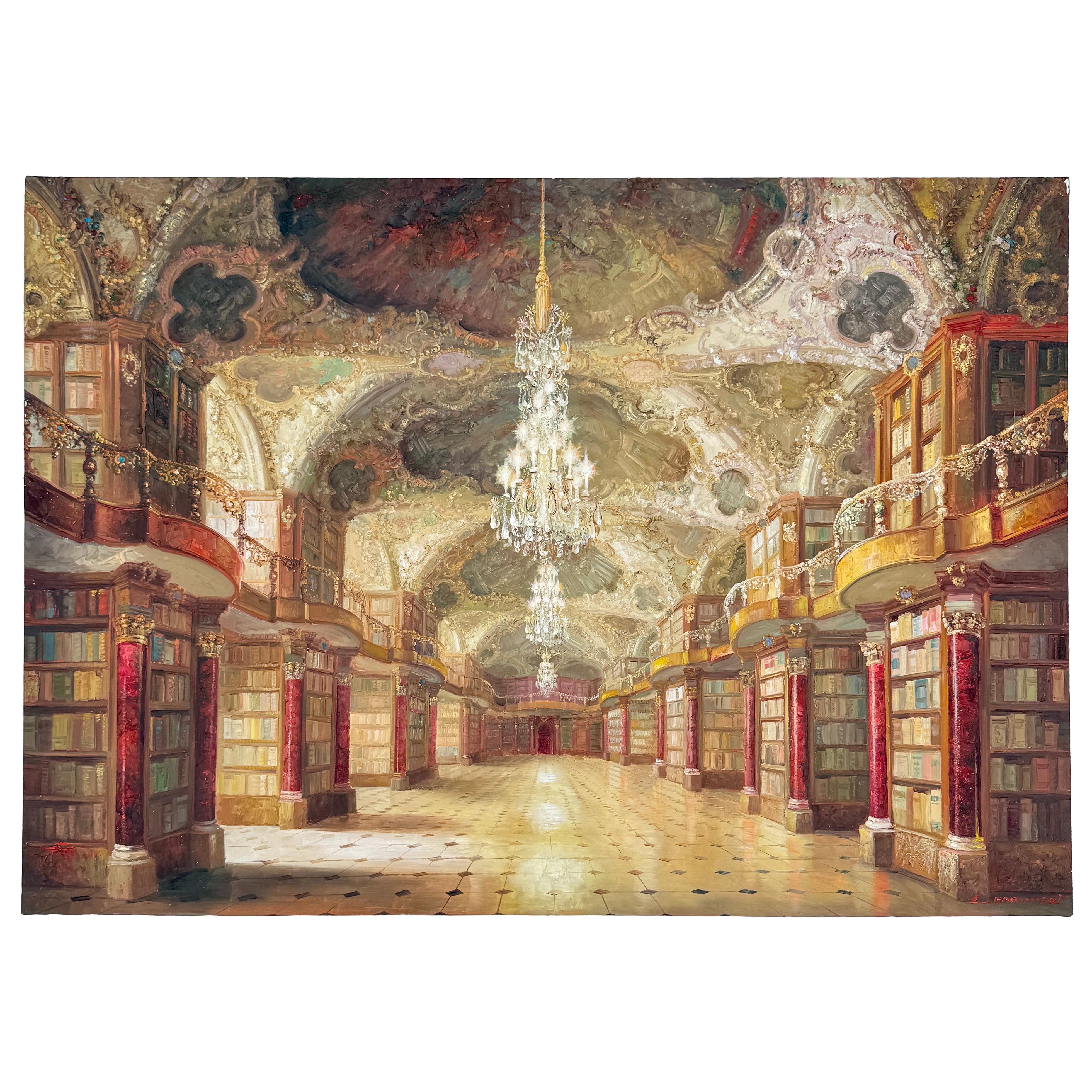 Large European Interior Scene of Library Hall Oil Painting on Canvas