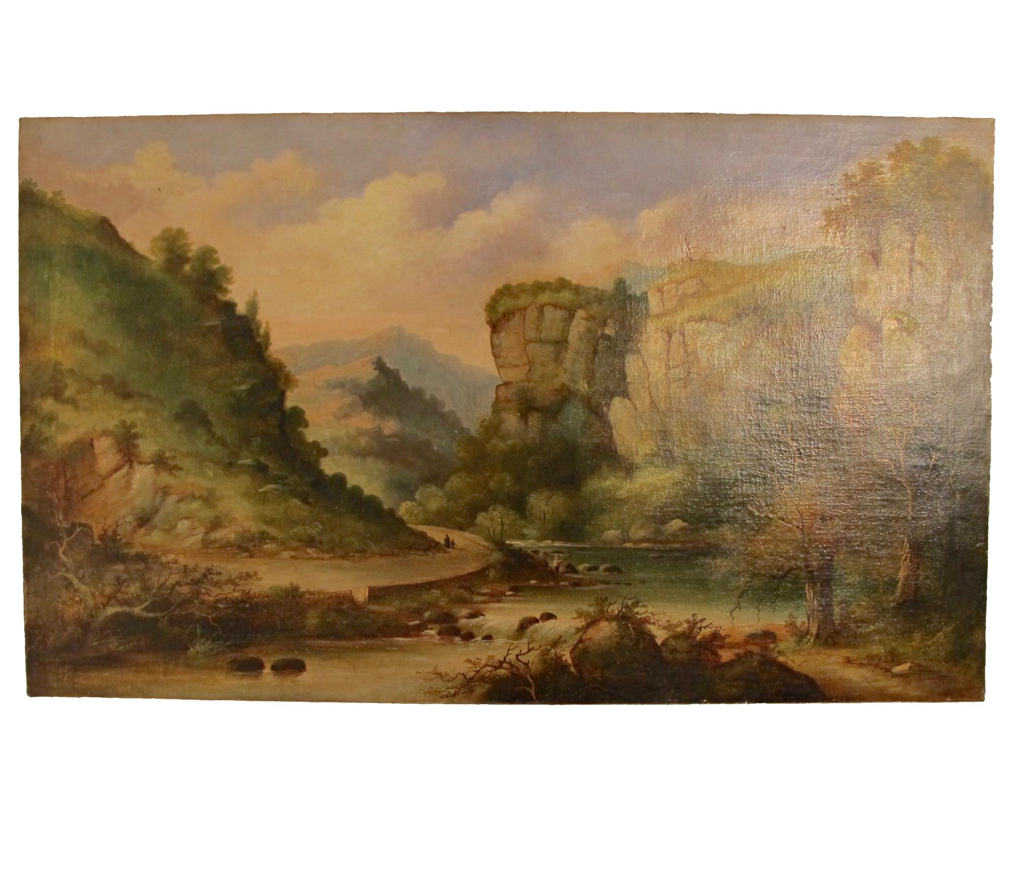Large oil on canvas of a scenic landscape unframed and unsigned. Continental, early 19th century.
Painting has been recently cleaned.