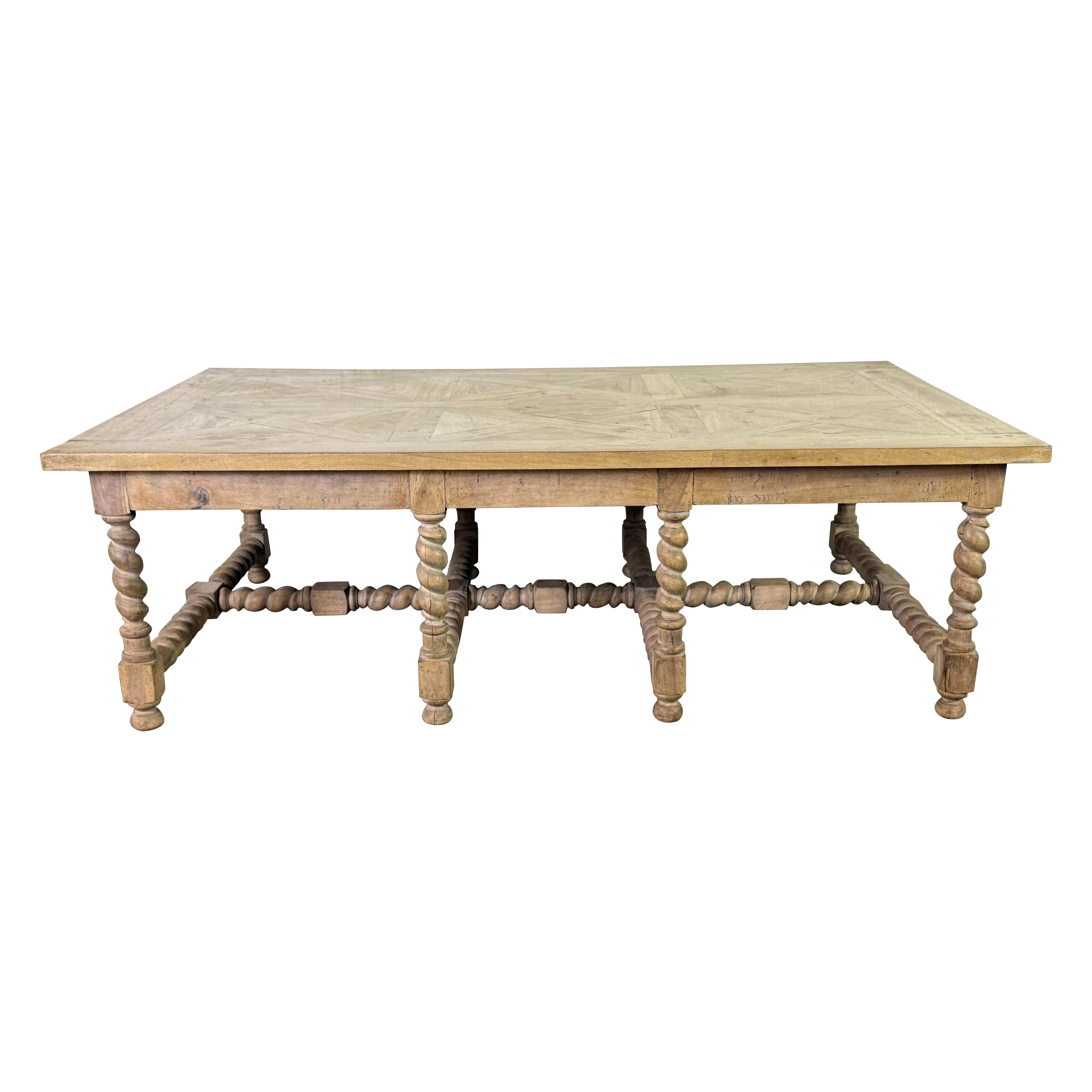 Large European Rustic Coffee Table with Parquetry Top and Barley-Twist Base For Sale