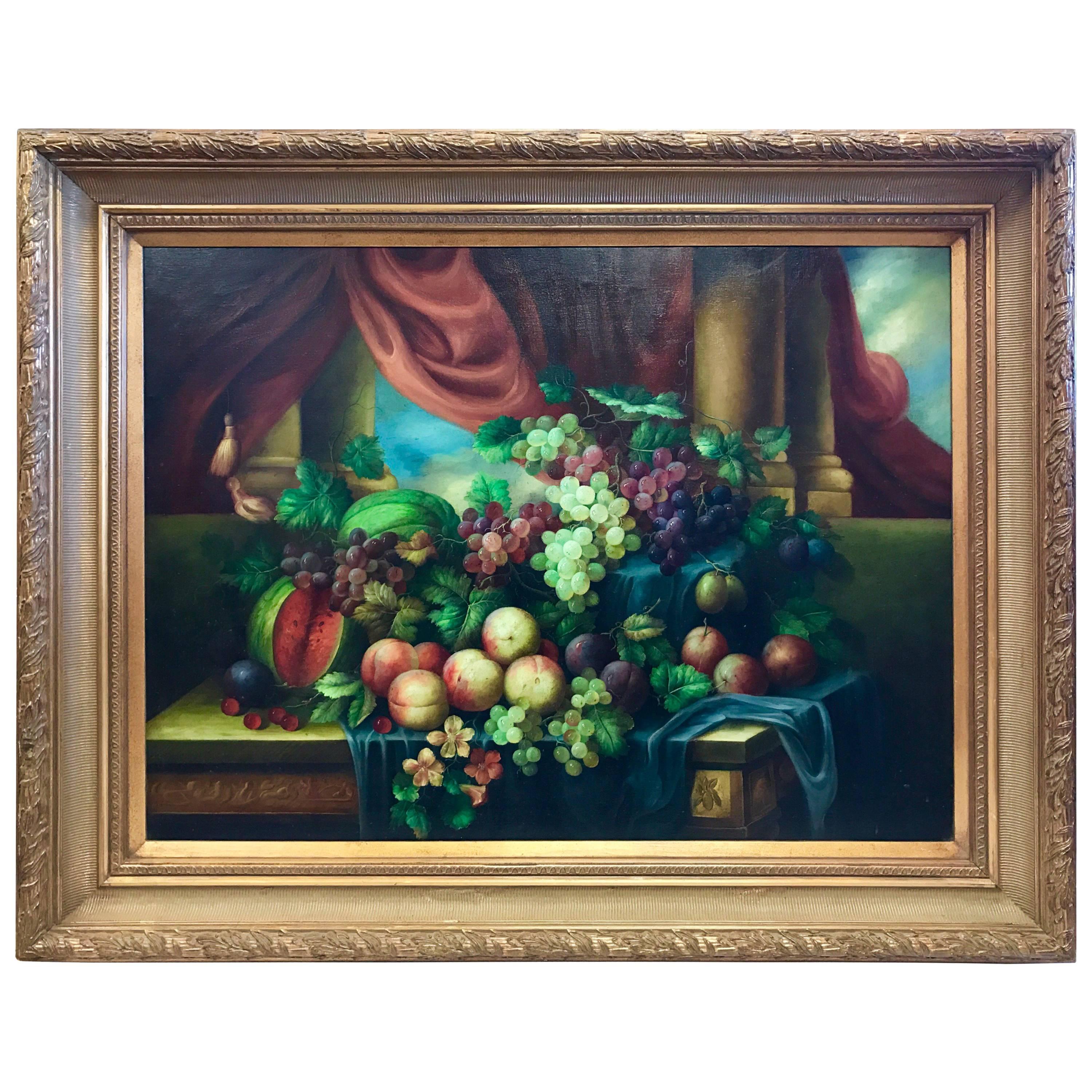 Large European School Classical Still Life Oil Painting of Bountiful Fruit