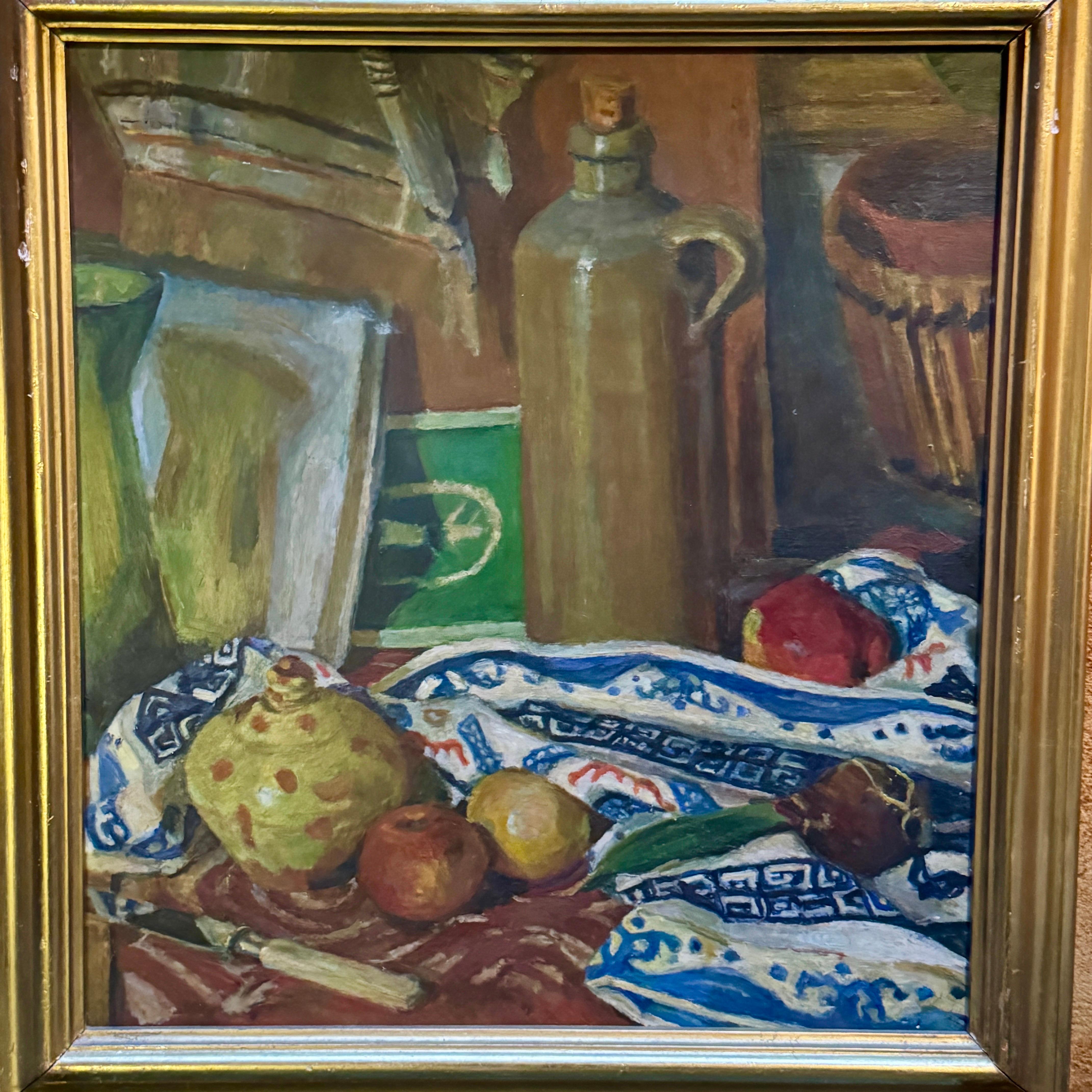 Pittura Grande opera europea di natura morta olio su tavola Brocca di frutta incorniciata in vendita