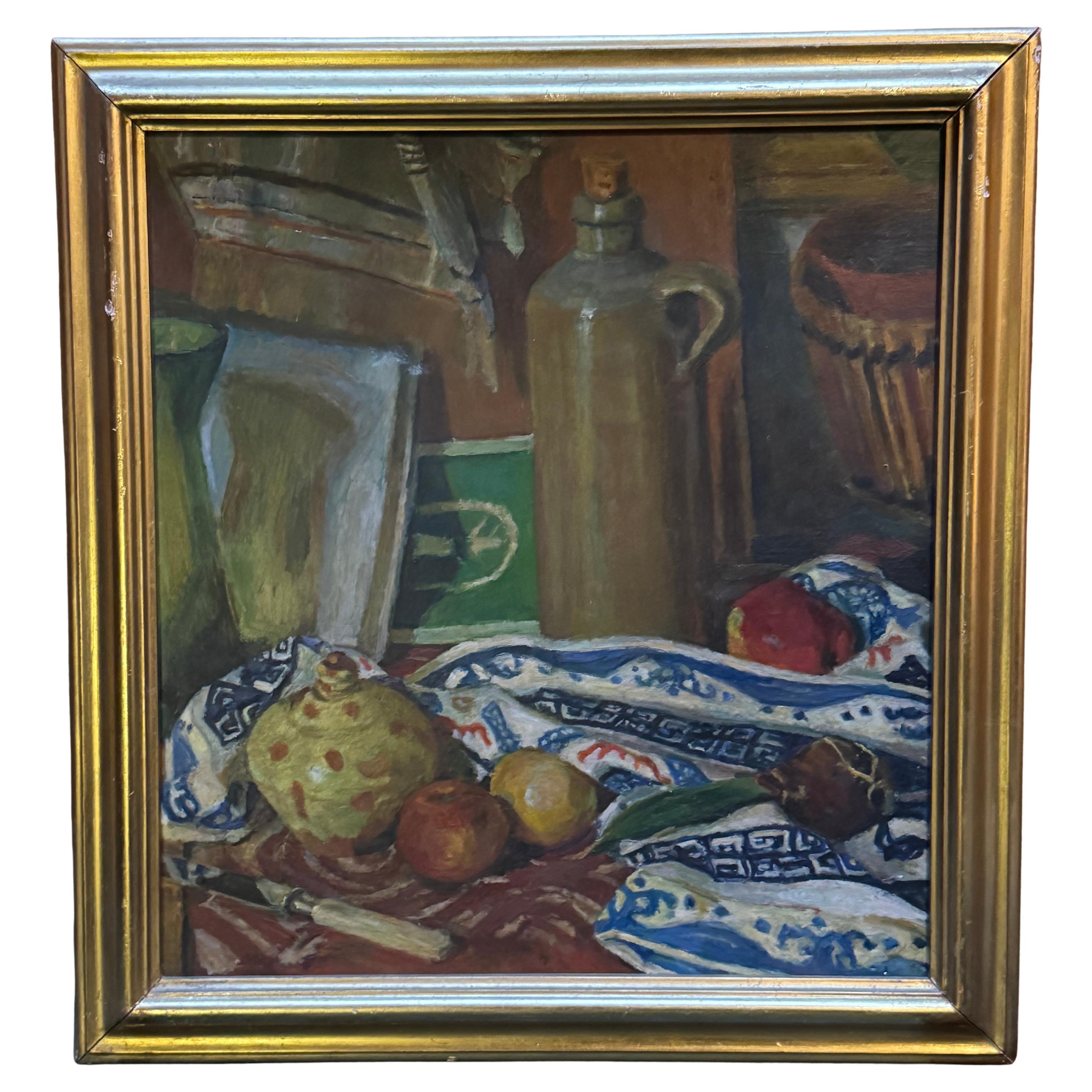Grande Nature Morte Européenne Huile sur Plan Fruits Jug Encadré
