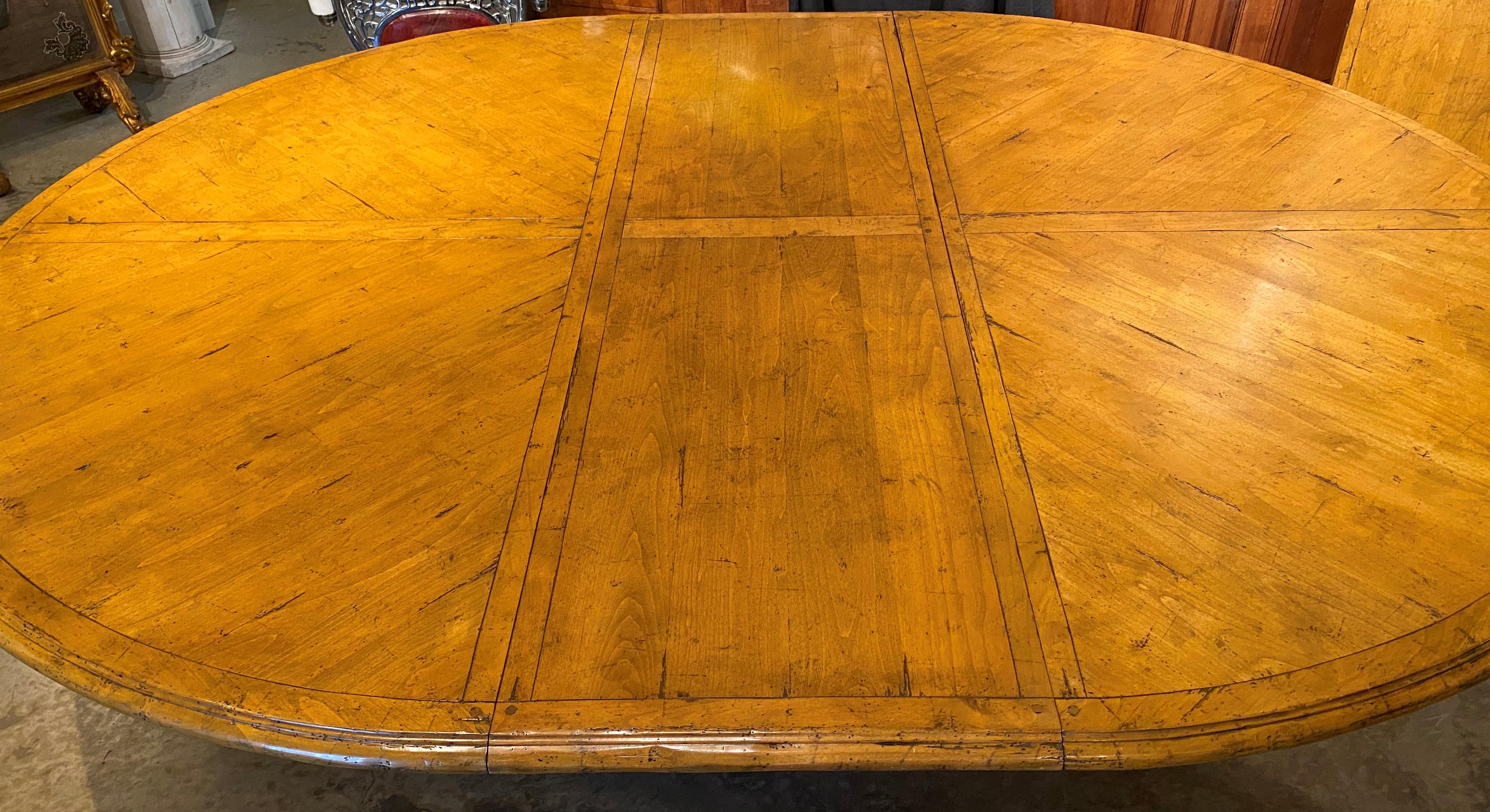 Large European Style Fruitwood Round Pedestal Dining Table with Two Leaves 1
