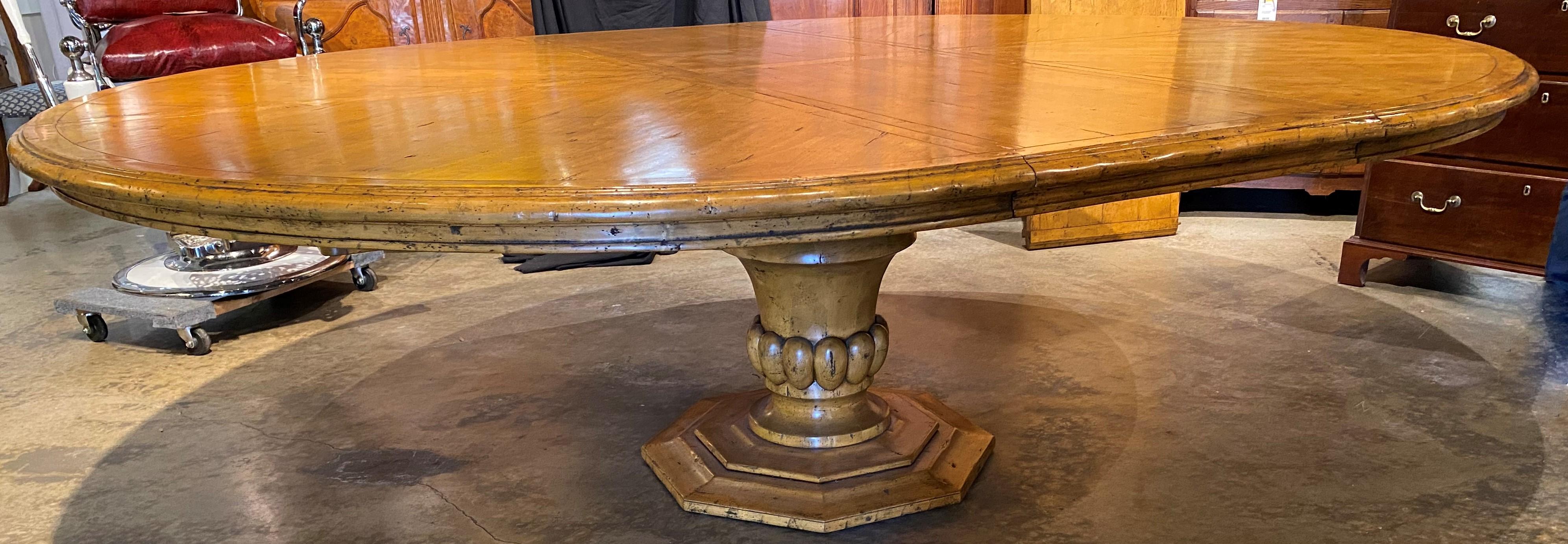 Large European Style Fruitwood Round Pedestal Dining Table with Two Leaves 2