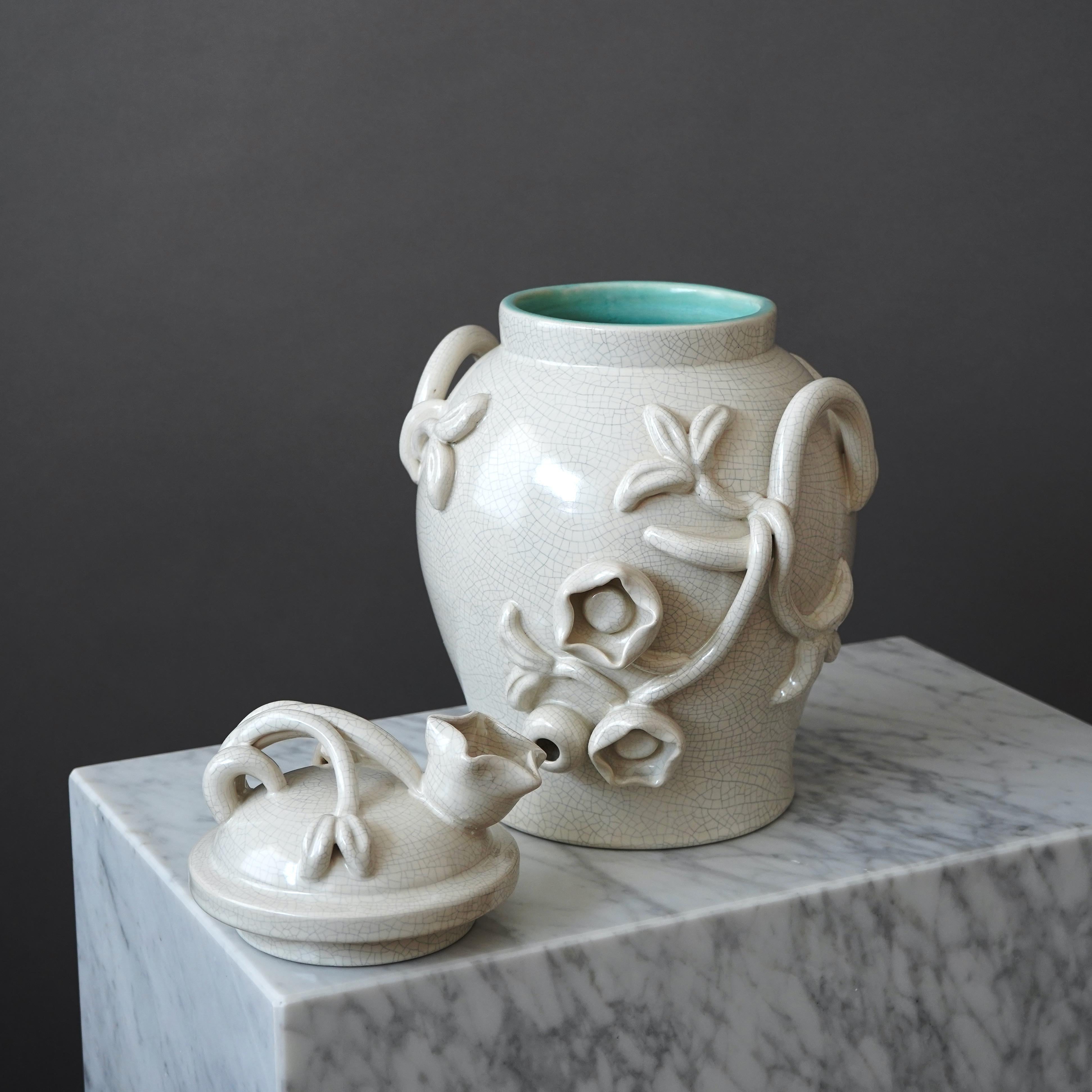Grande urne à couvercle en verre craquelé Eva Jancke Björk. Bo Fajans, Suède, années 1940 en vente 2