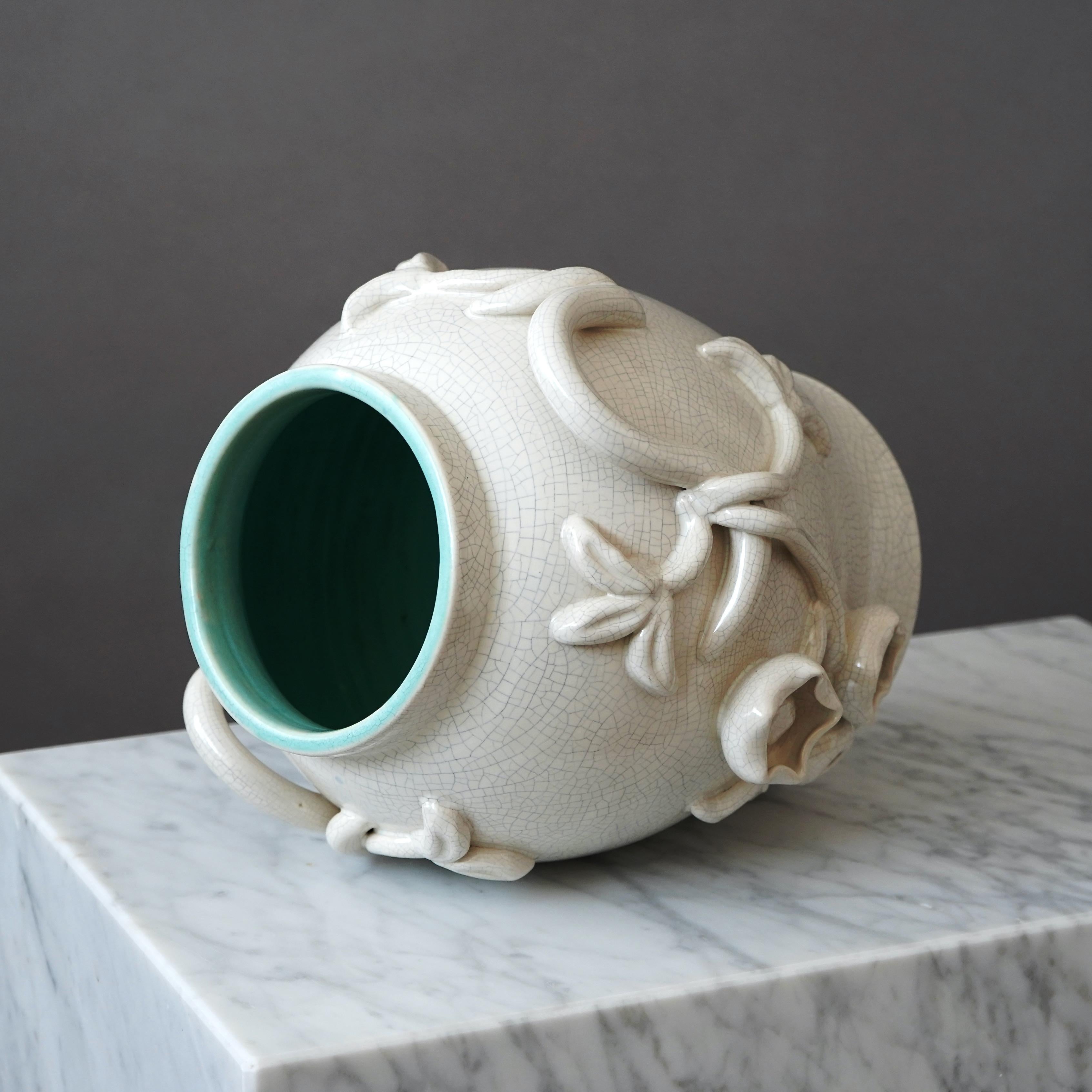 Grande urne à couvercle en verre craquelé Eva Jancke Björk. Bo Fajans, Suède, années 1940 en vente 3