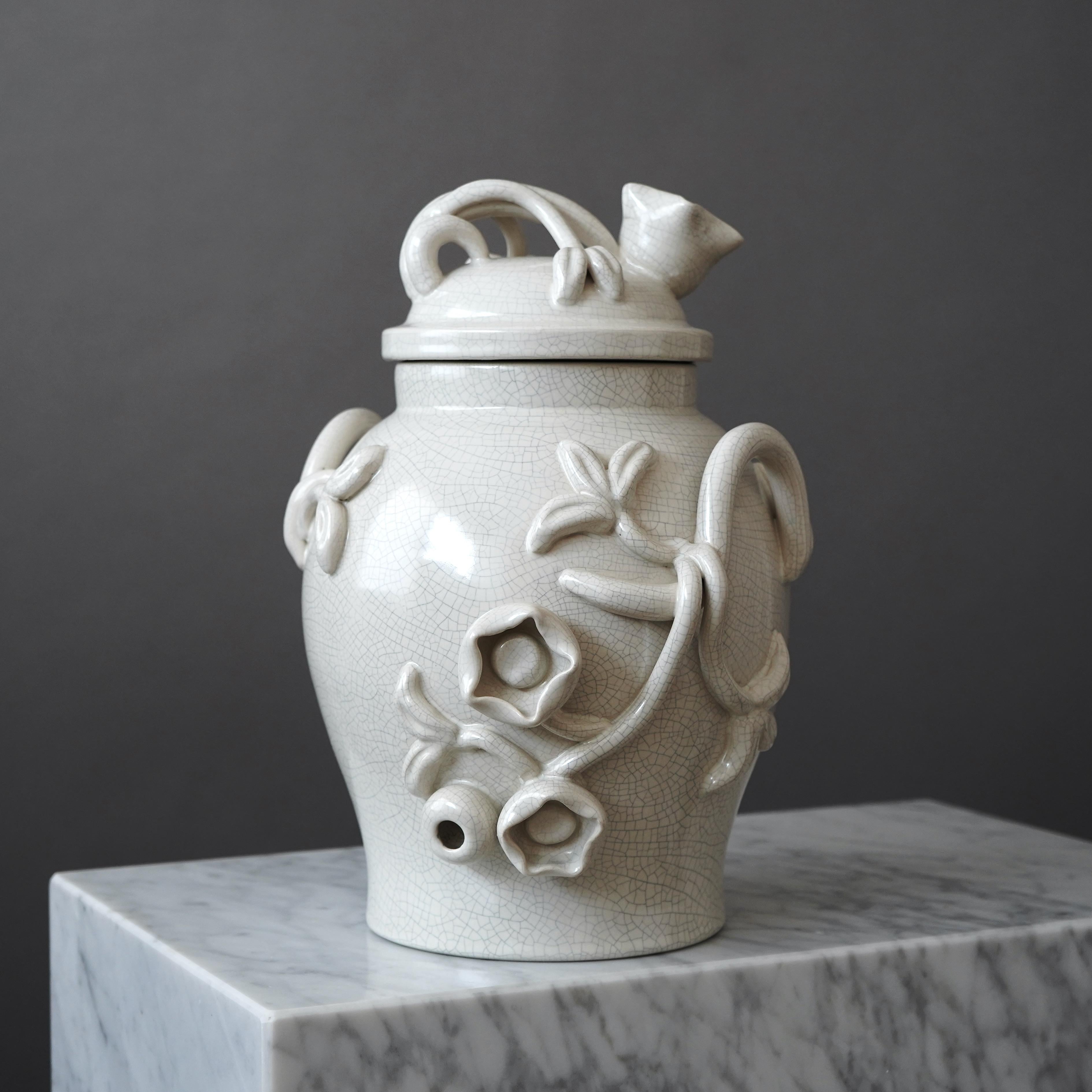 Scandinave moderne Grande urne à couvercle en verre craquelé Eva Jancke Björk. Bo Fajans, Suède, années 1940 en vente