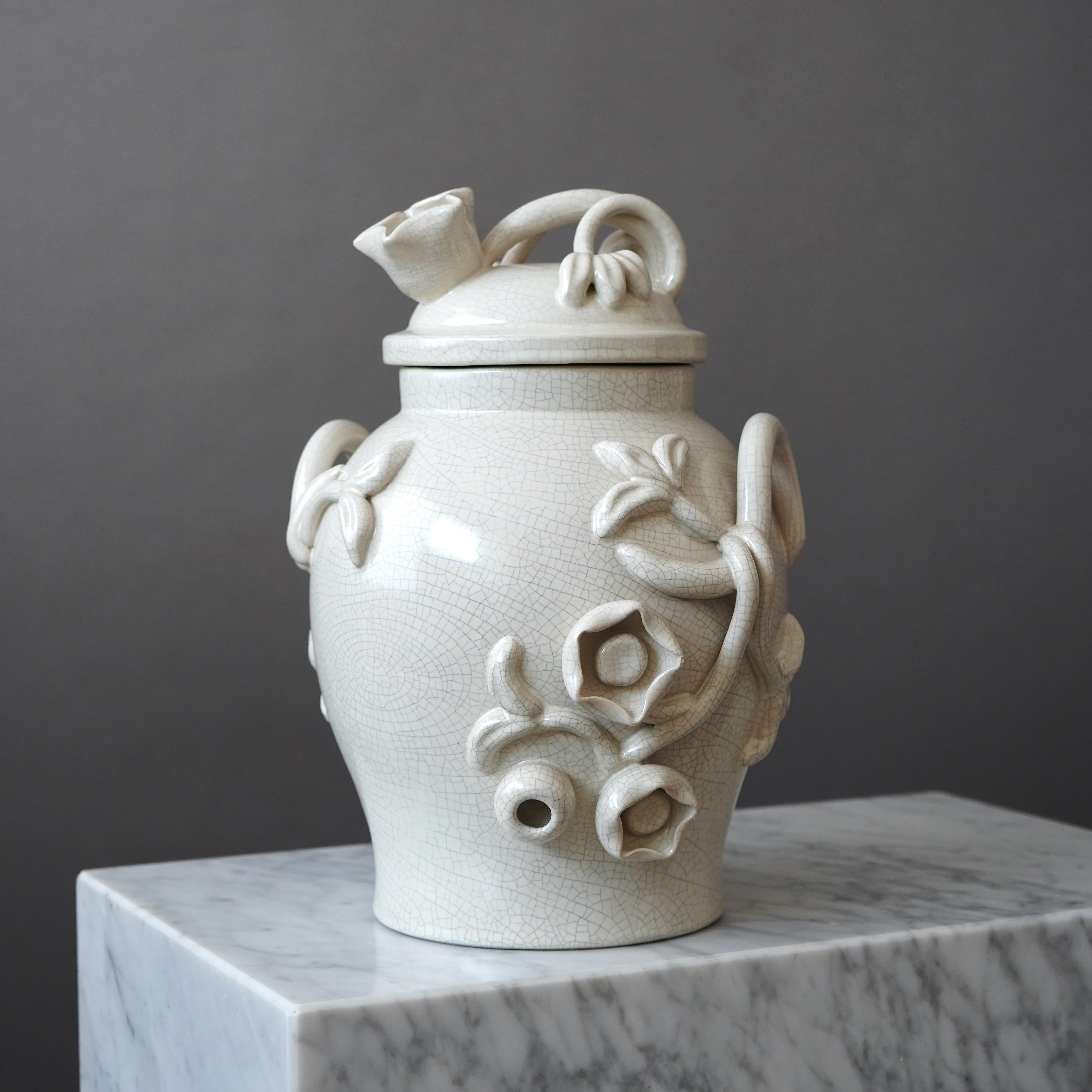 Vernissé Grande urne à couvercle en verre craquelé Eva Jancke Björk. Bo Fajans, Suède, années 1940 en vente
