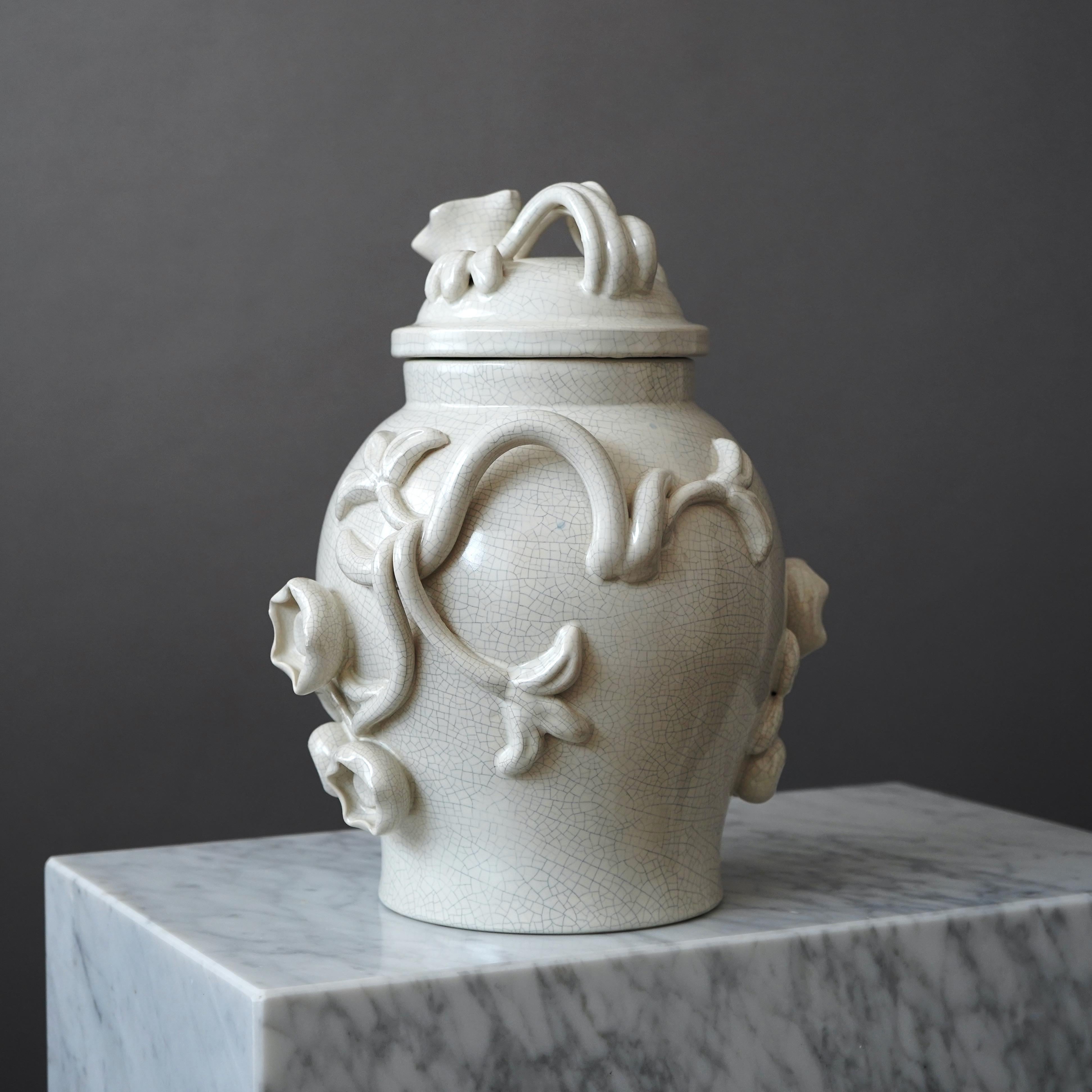 Grande urne à couvercle en verre craquelé Eva Jancke Björk. Bo Fajans, Suède, années 1940 Bon état - En vente à Malmö, SE
