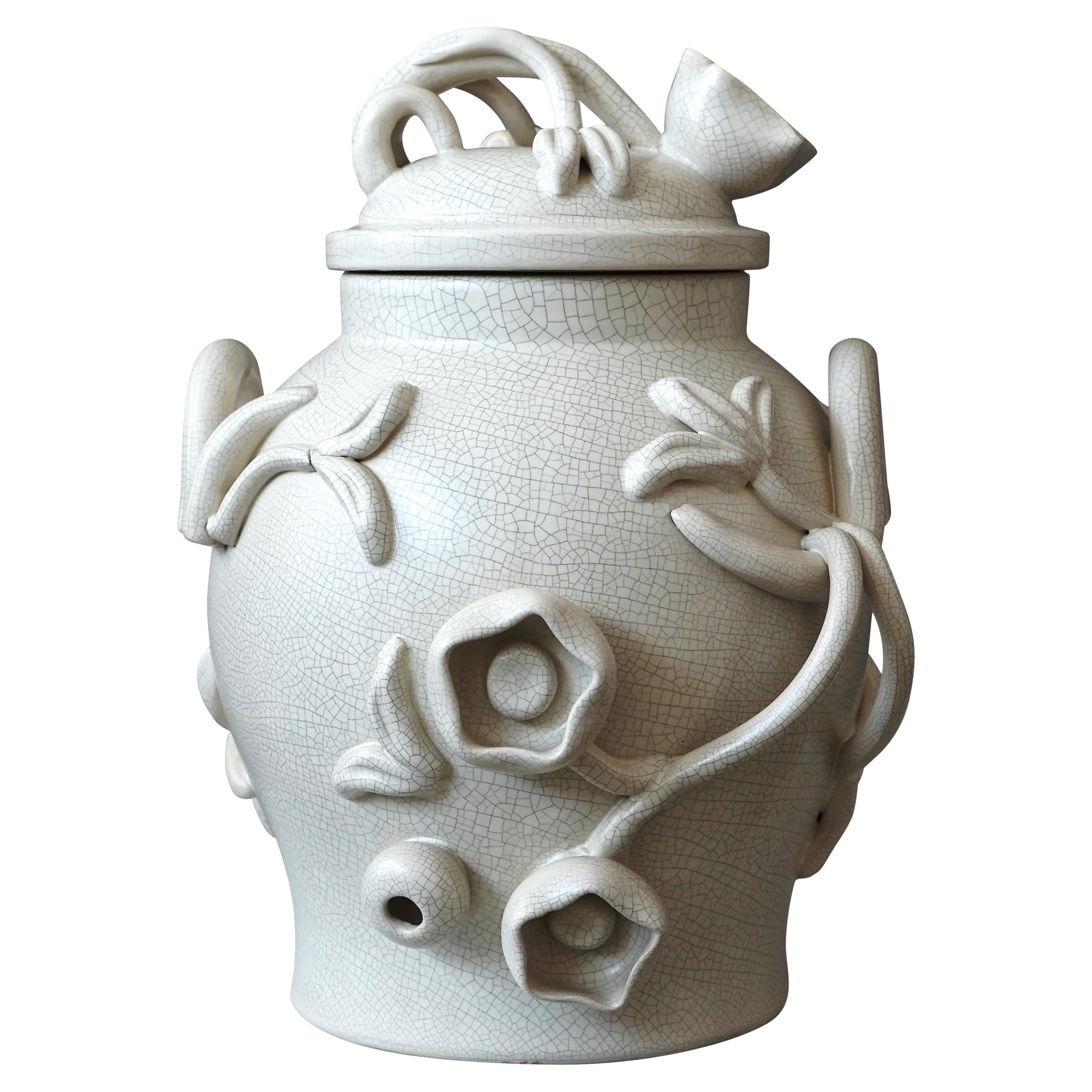 Large Eva Jancke Björk Crackle Glazed Lidded Urn. Bo Fajans, Sweden, 1940s