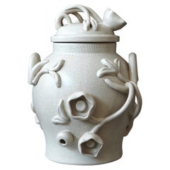 Large Eva Jancke Björk Crackle Glazed Lidded Urn. Bo Fajans, Sweden, 1940s