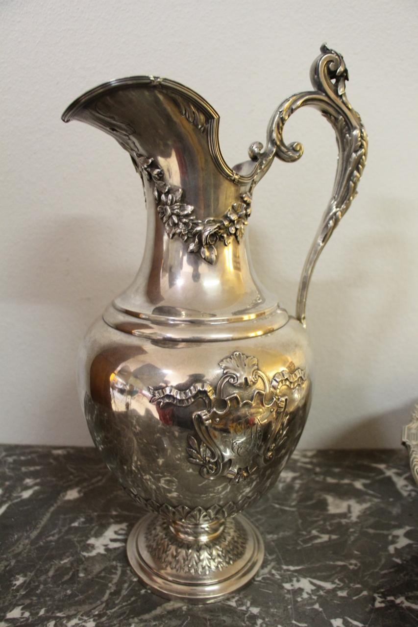 Large Ewer and Its Basin in Sterling Silver, 19th Century Flag 1