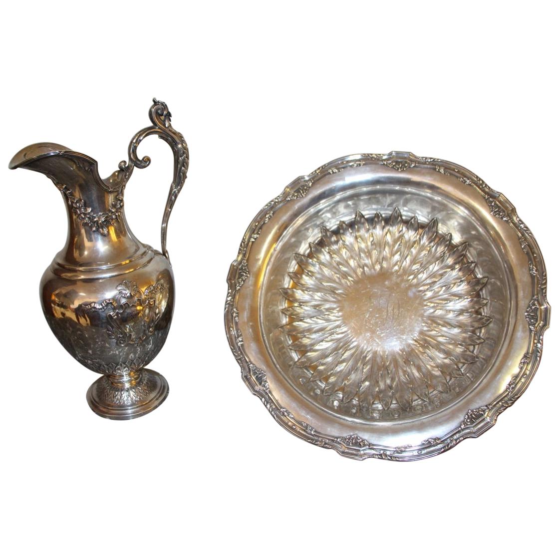 Large Ewer and Its Basin in Sterling Silver, 19th Century Flag