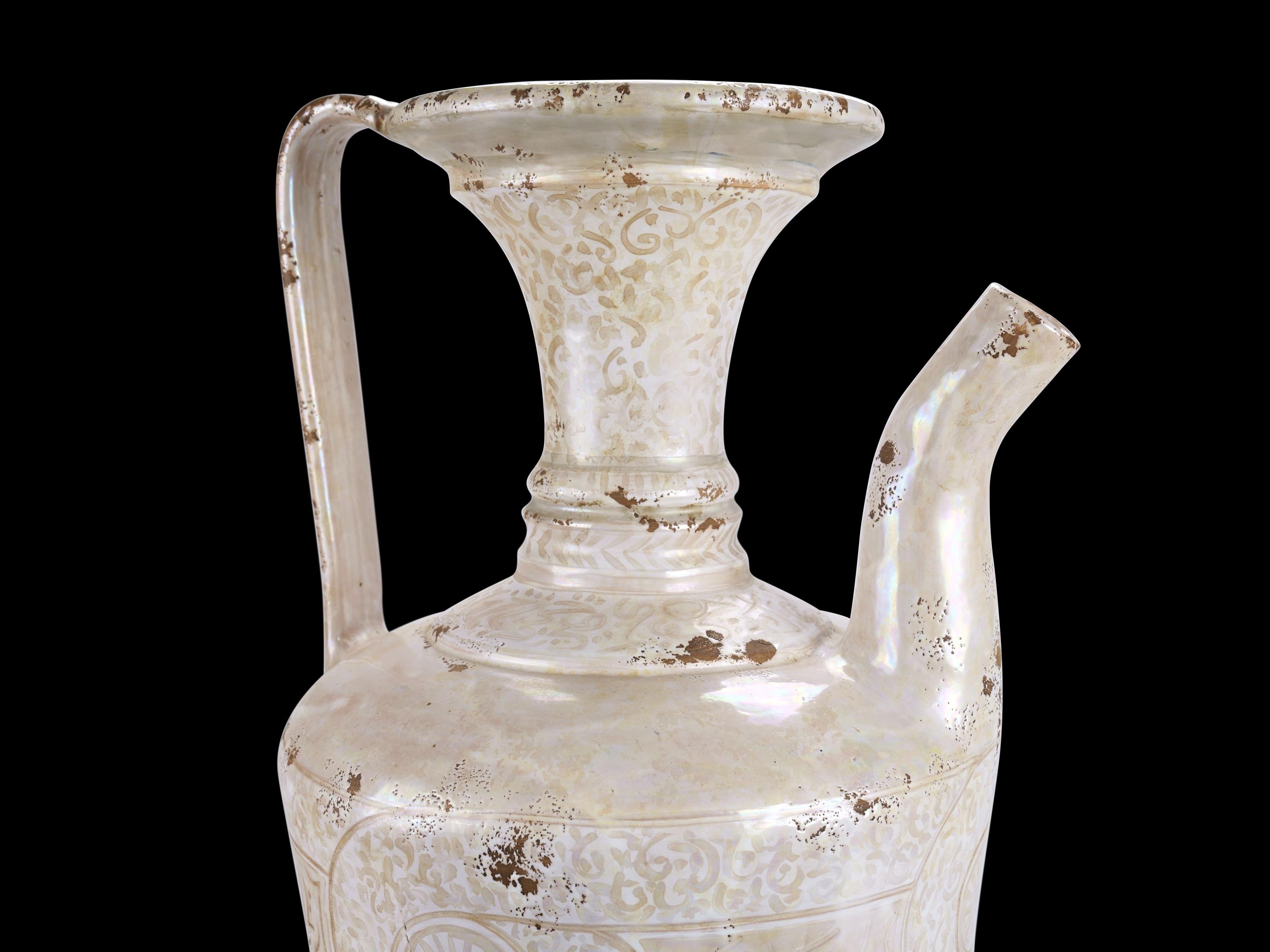 Large Ewer Hand Painted Pearl White Decorative Vase Unique Piece Made in Italy For Sale 7